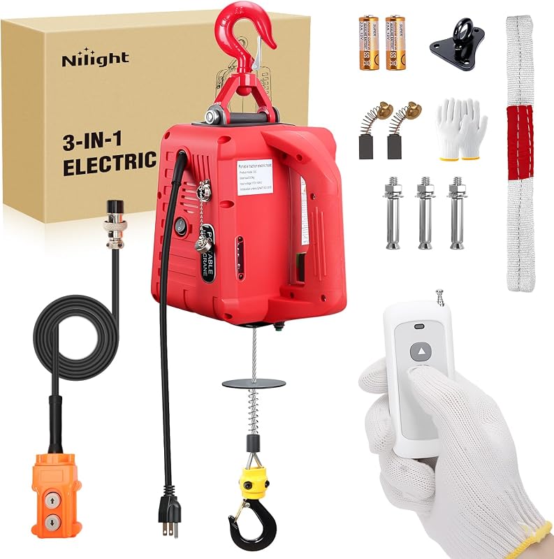 Nilight 3-in-1 Electric Hoist Winch, 660LBS 1500W Portable Power Winch Crane with Manual Wired Wireless Remote Control, 110V Electric Winch 33FT/Min Speed 39FT Height for Garage Warehouse Factory, Red