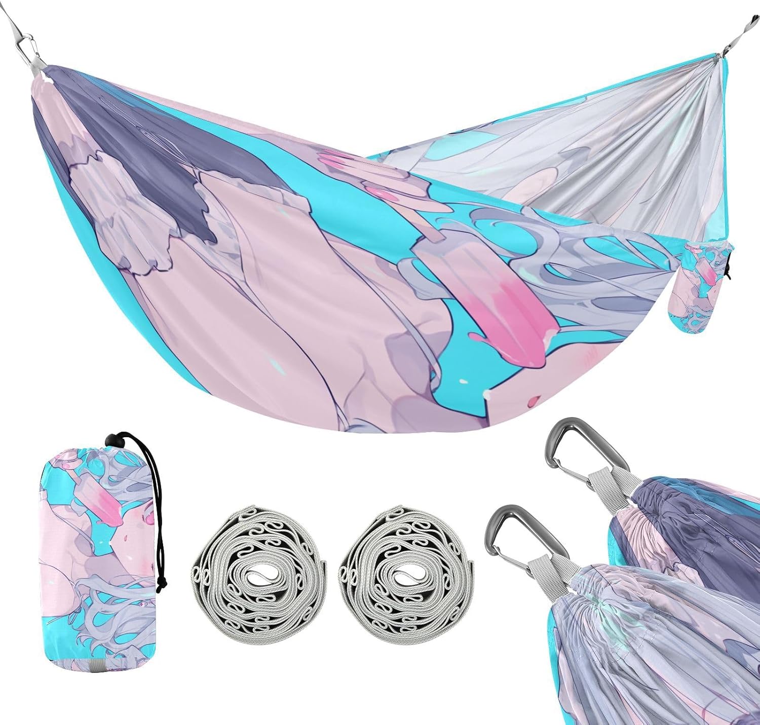 Mint Blue Fresh Girl Anime Camping Hammocks with Hanging Rope Fabric Hammock for Outside Camping Essentials