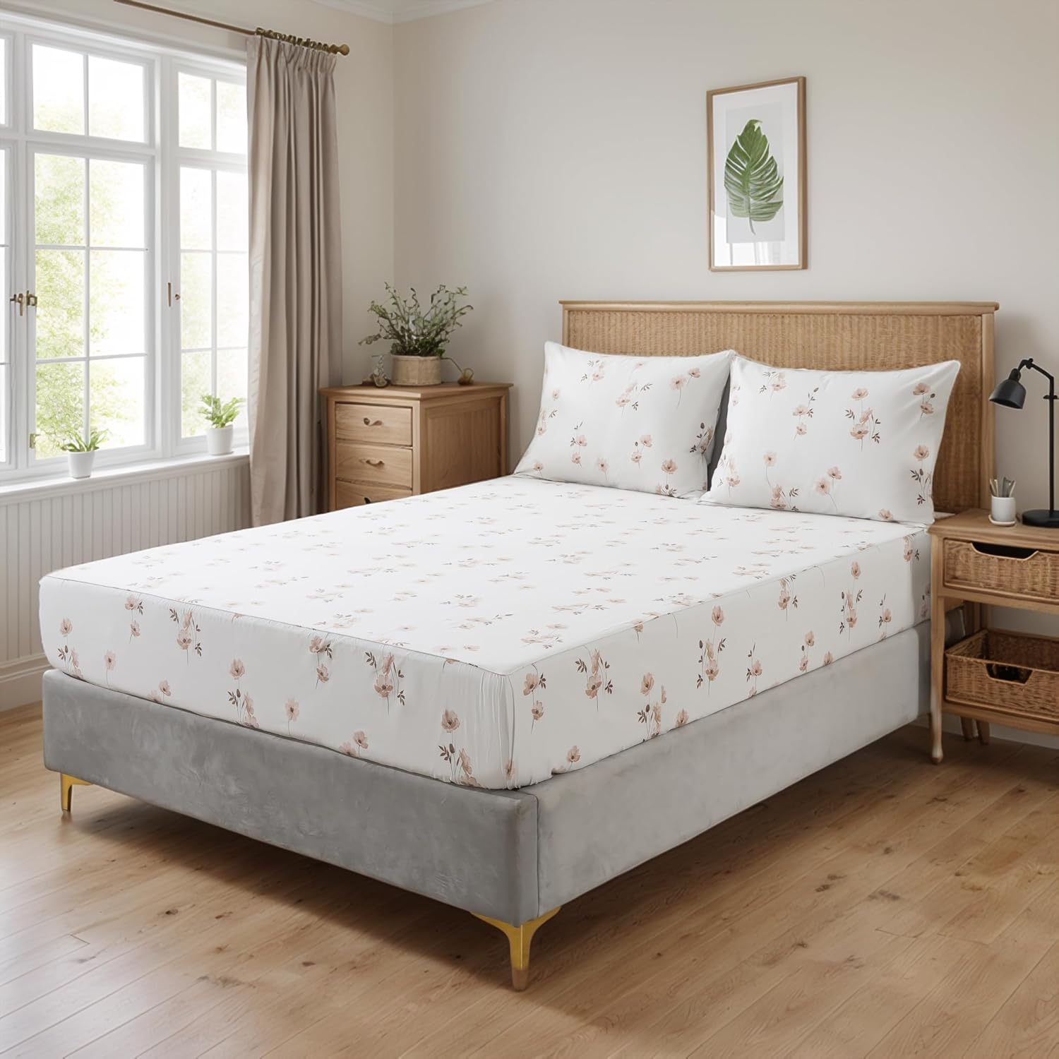 Lemfux Sheet Set 100% Cotton 4 Piece Tan Floral Pattern White Botanical Deep Pocket 17.5", Soft Breathable Bed Sheets, Farmhouse Twin 1 Flat Sheet, 1 Fitted Sheet 39"x75", 2 Pillowcases 20"x29"