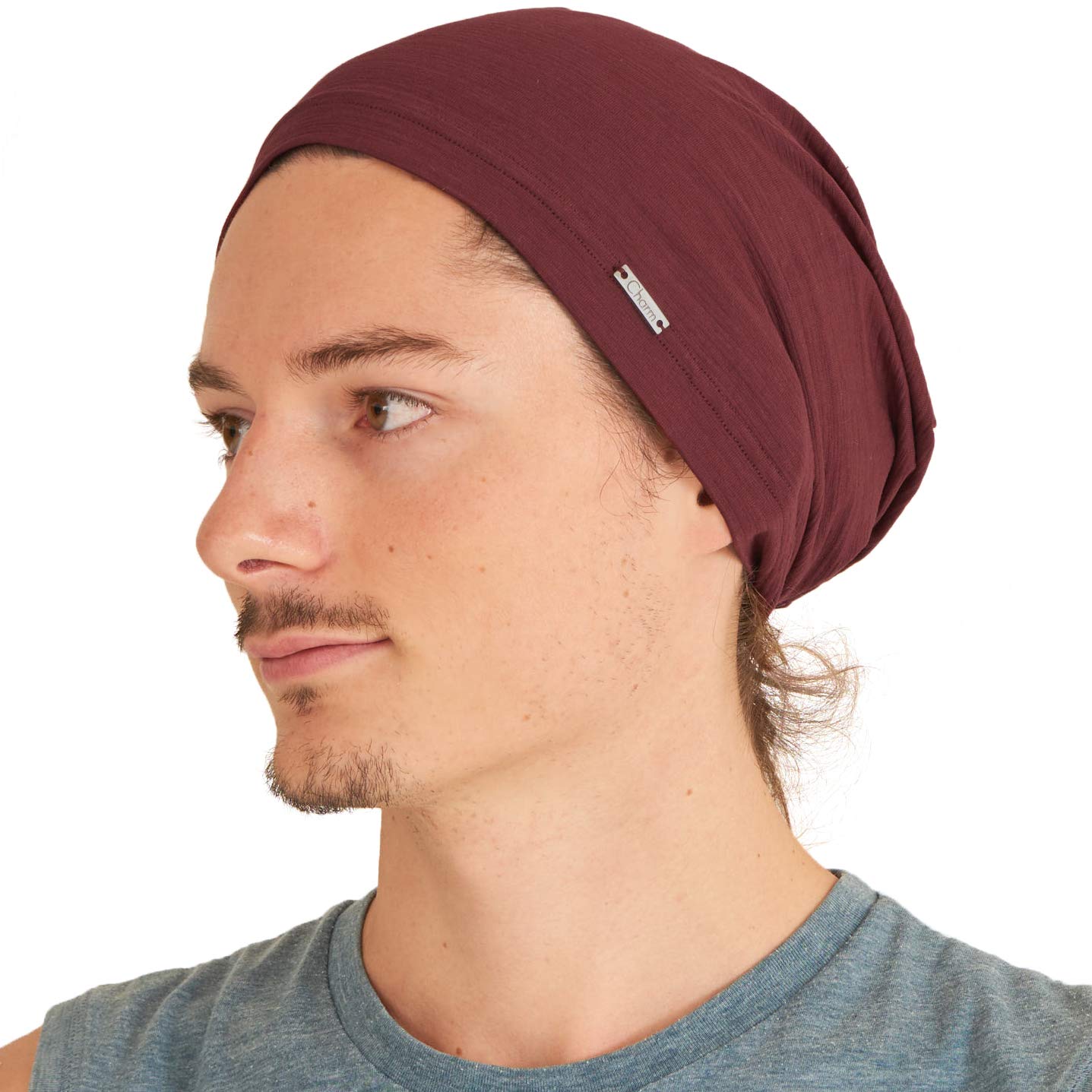 Charm Men's Burgundy Light Weight Summer Beanie - Wo Slouchy Beanie Hat Stretchy Slouch Knit Cap 100% Cotton Chemo Hat