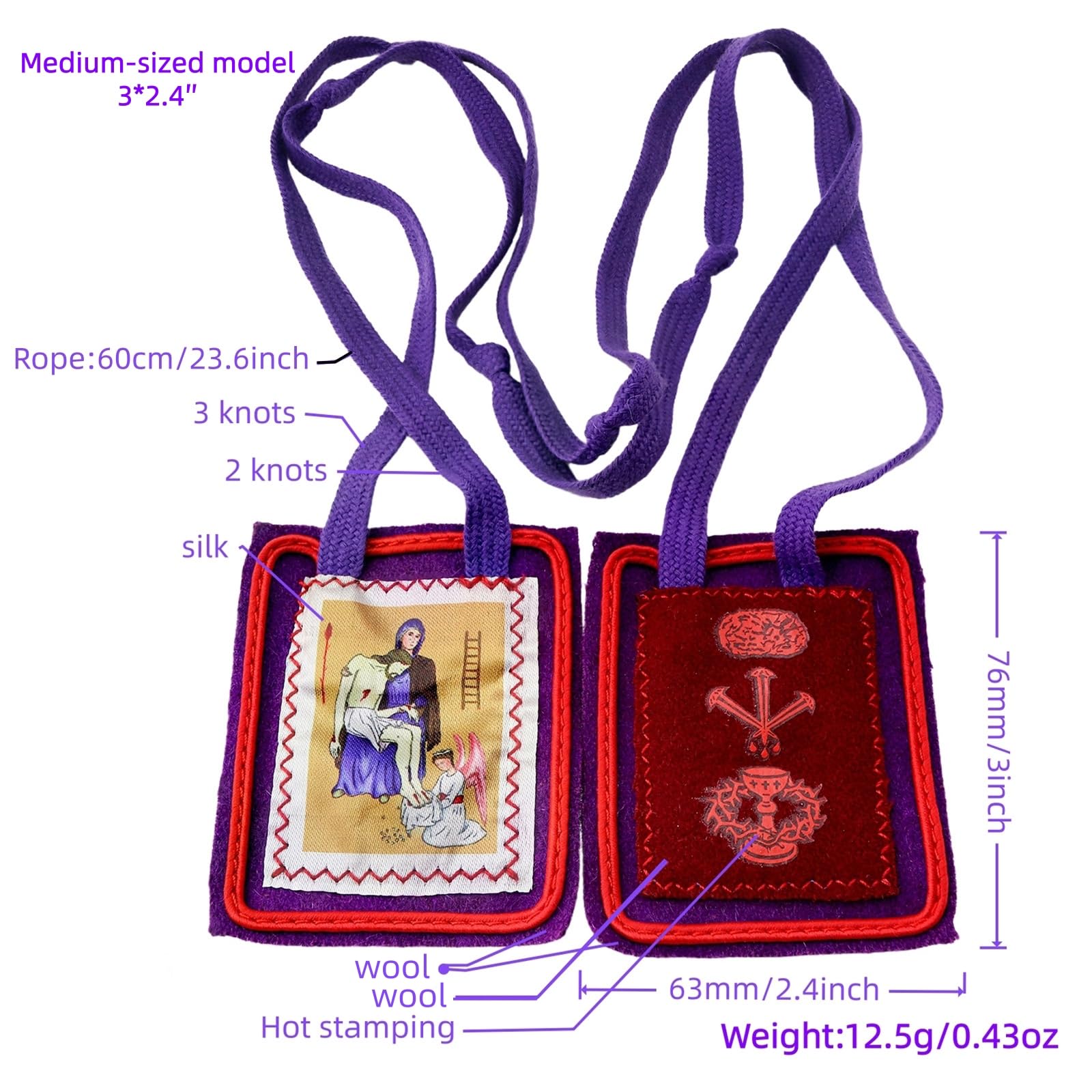 MERCILIA MEISHILAI Escapulario morado de 7,6 x 6,3 cm - Escapulario de lana Escapulario Morado de Bendición y Protección para los tiempos finales - Incluye bolsa de terciopelo morado y tarjeta de
