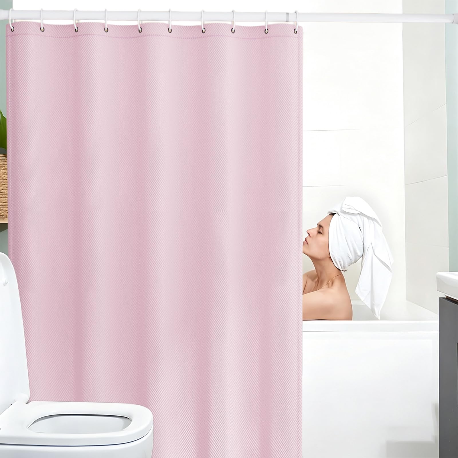 Cortina de Ducha de Tela 240 x 80 cm Cortina de Ducha Resistente Al Moho - Antimoho, Impermeable, Lavable, de Poliéster con Ojales y Anillos, para Baño, Bañera, Rosa