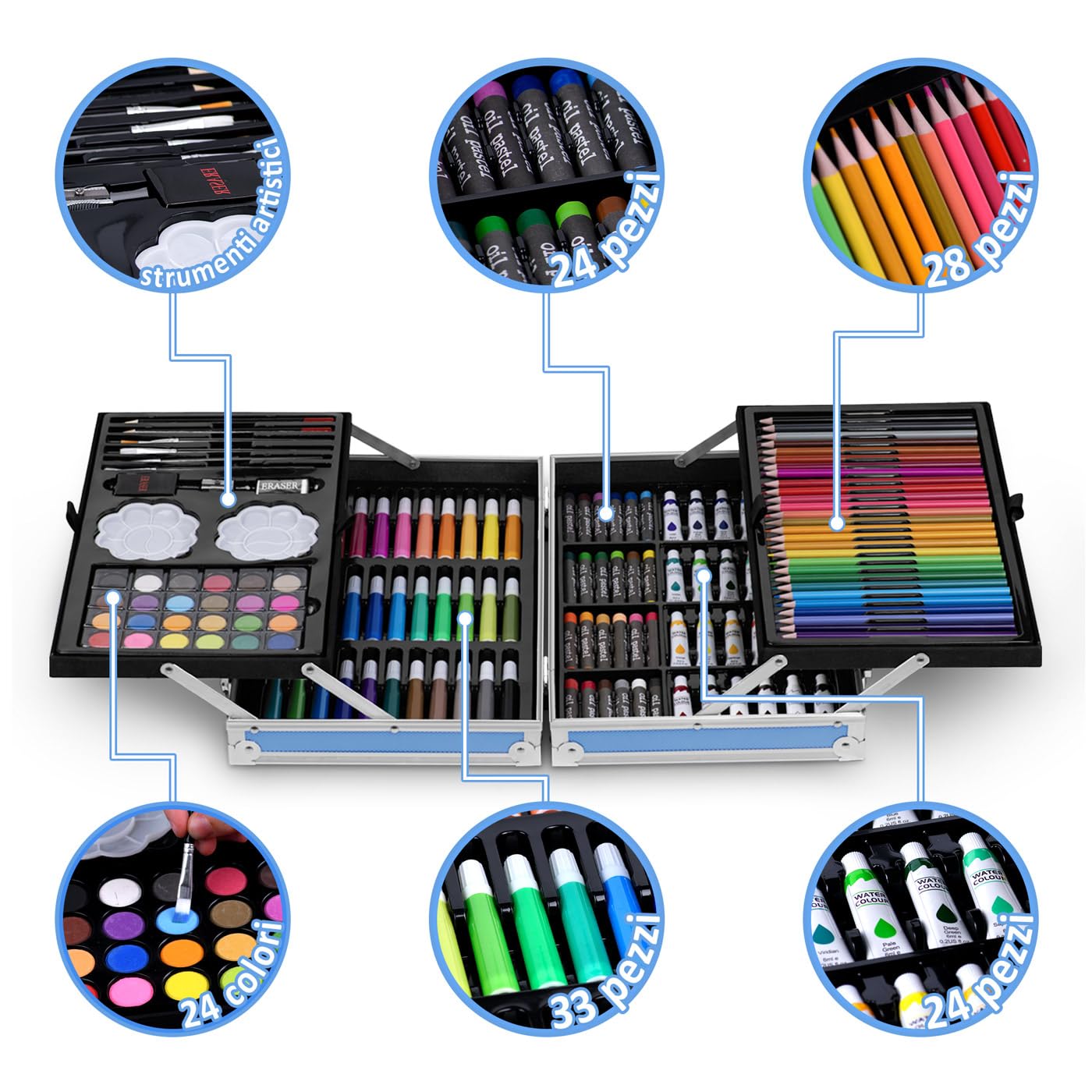 Maverton Valigetta Colori Personalizzata - Azzurra o Rosa a 2 Piani - Set Pittura e Disegno - Kit Matite Colorate Pastelli Pennarelli Colori a Matita - Regalo Bambini Compleanno