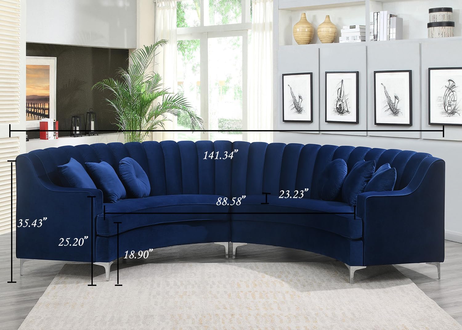 Legend Vansen L Velvet Sofa 141.34” Upholstery Curved Sofa for Living Room, Office, Apartment (Blue)