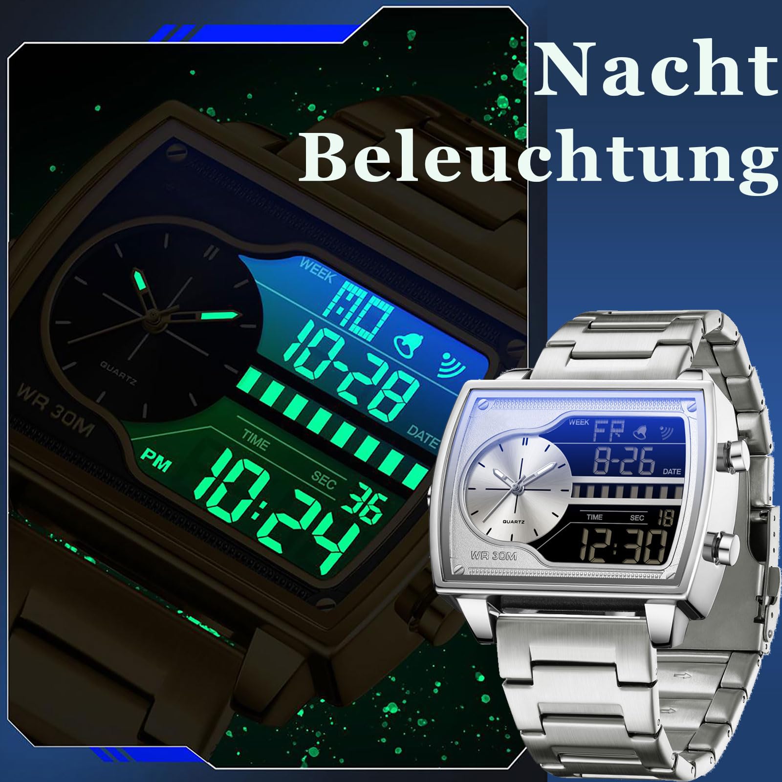 findtime Orologio da uomo rettangolare retrò lussuoso orologio da polso da uomo digitale analogico al quarzo classico business casual tre fuso orario impermeabile illuminato grande quadrante per