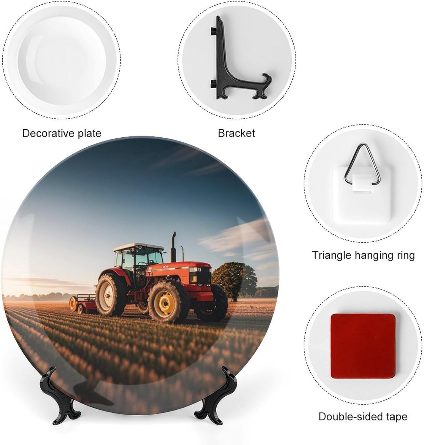 Tractor Farm Decorative Ceramic Plate Round Porcelain Plate Decor Personalized Bone China Decorative Plates Ceramic Ornaments Dessert Plates with Display Stand 8inch