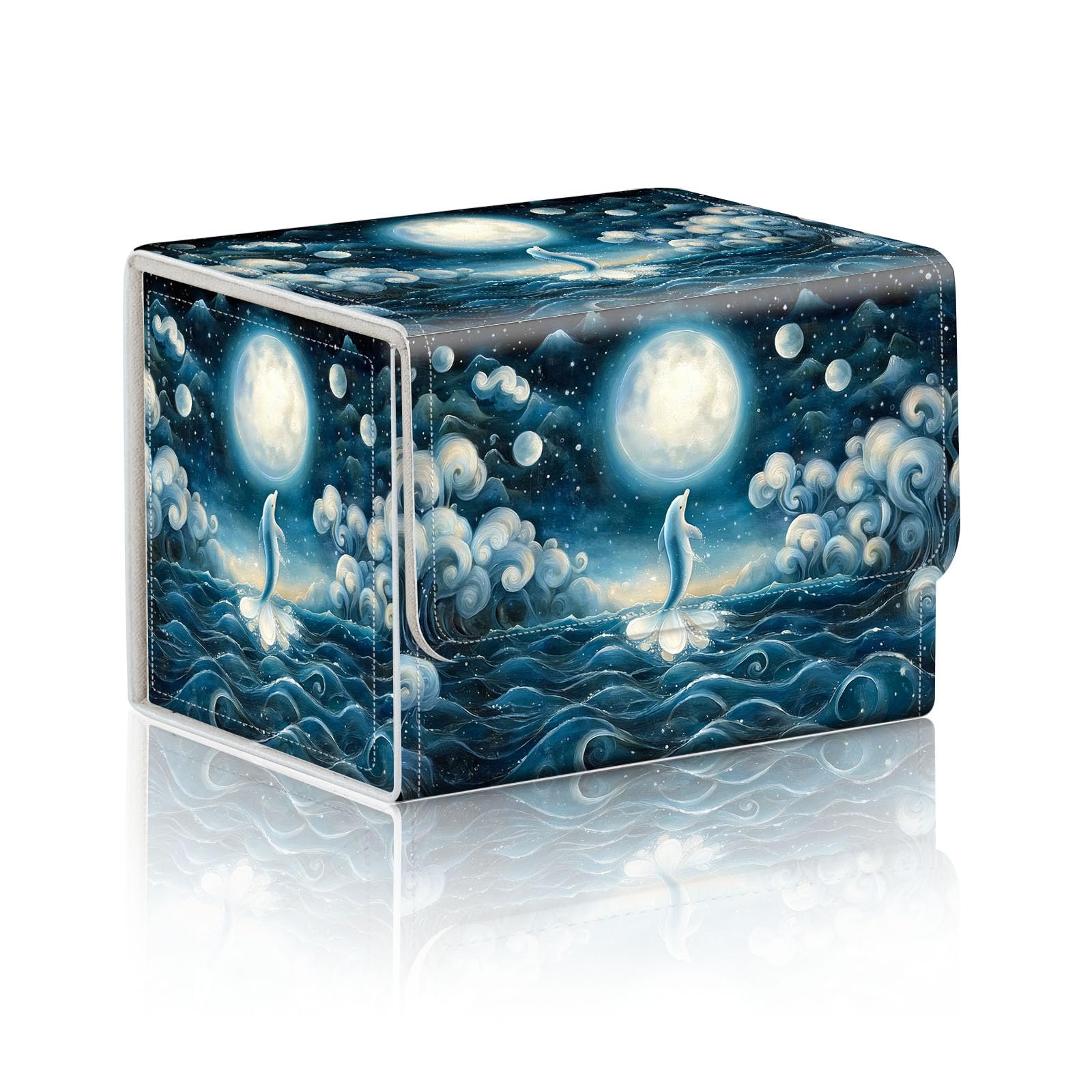 DISUOFEART Trading Card Storage Box, Holds 100+ for MTG Cards, PU Leather with Magnetic Closure, Dolphin in Moonlit Sea Durable Deck Box for Magic the Gathering, Trading Card Games