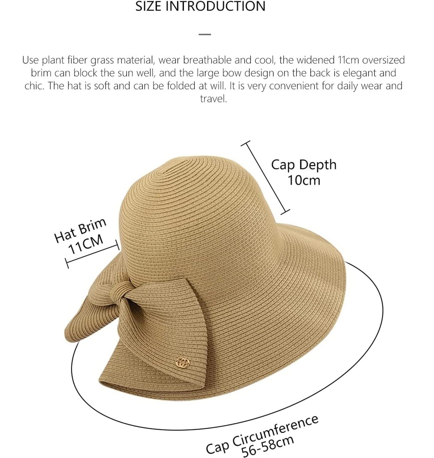 LNNSHX Sombrero de Playa para Mujer Sol de ala Ancha Paja Plegable para Mujer Vacaciones al Aire Libre (Blauw: geel Tamaño 56-58 cm) (Beige 6 7/87
