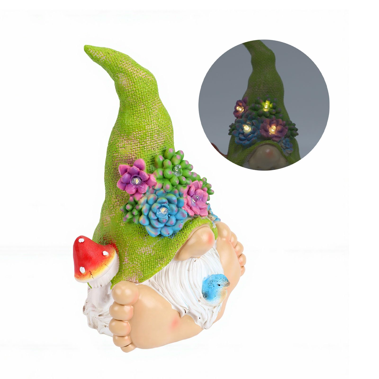 EMUKOEP Statua da Giardino Gnomo Solare con Fiori Succulenti a LED, (A)