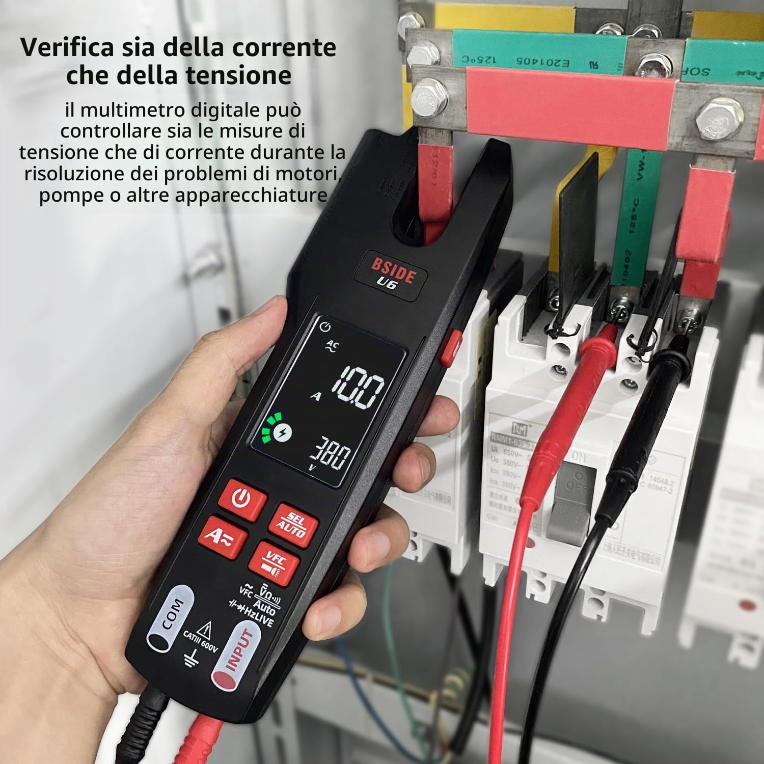 BSIDE U6 Tester Elettrico con Termometro Infrarossi Pinza Amperometrica AC DC 600A 9999 Conteggi VFC LCD a Colori Multimetro Digitale Intelligente Ganasce Aperte con Batteria Ricaricabile e Custodia
