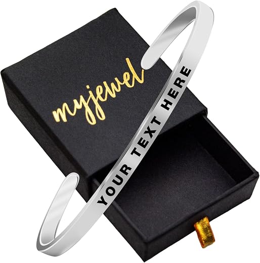 Personalized Gold-Plated Stainless-Steel Cuff Bracelet with Free Custom Inspirational Text Engrave Name Mantra Text Minima...