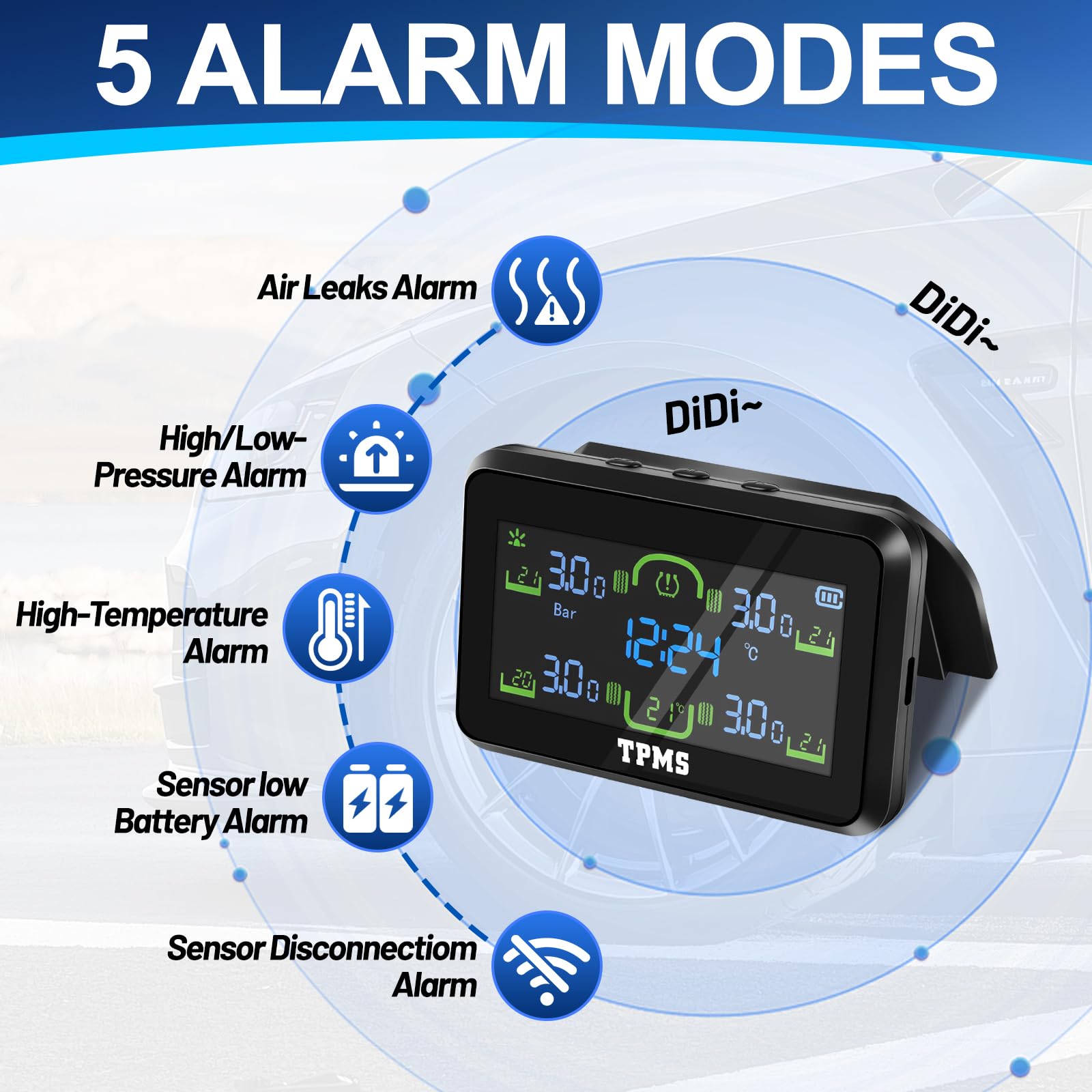 Sistema Sensori di Monitoraggio della Pressione con Indicatore dell'Ora | TPMS Auto con Ricarica Solare/USB, Sistema Sensori di Monitoraggio della Pressione degli Pneumatici con 4 Sensori Esterni
