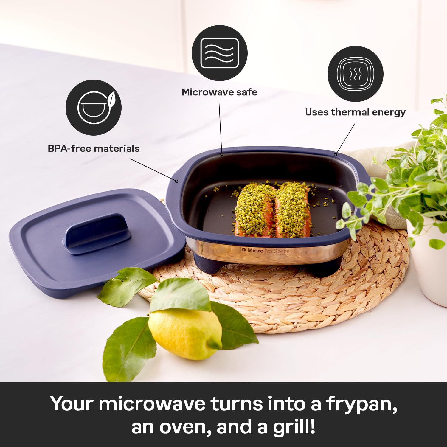 Tupperware MicroPro Grill with icons for microwave safe, thermal energy, and BPA-free