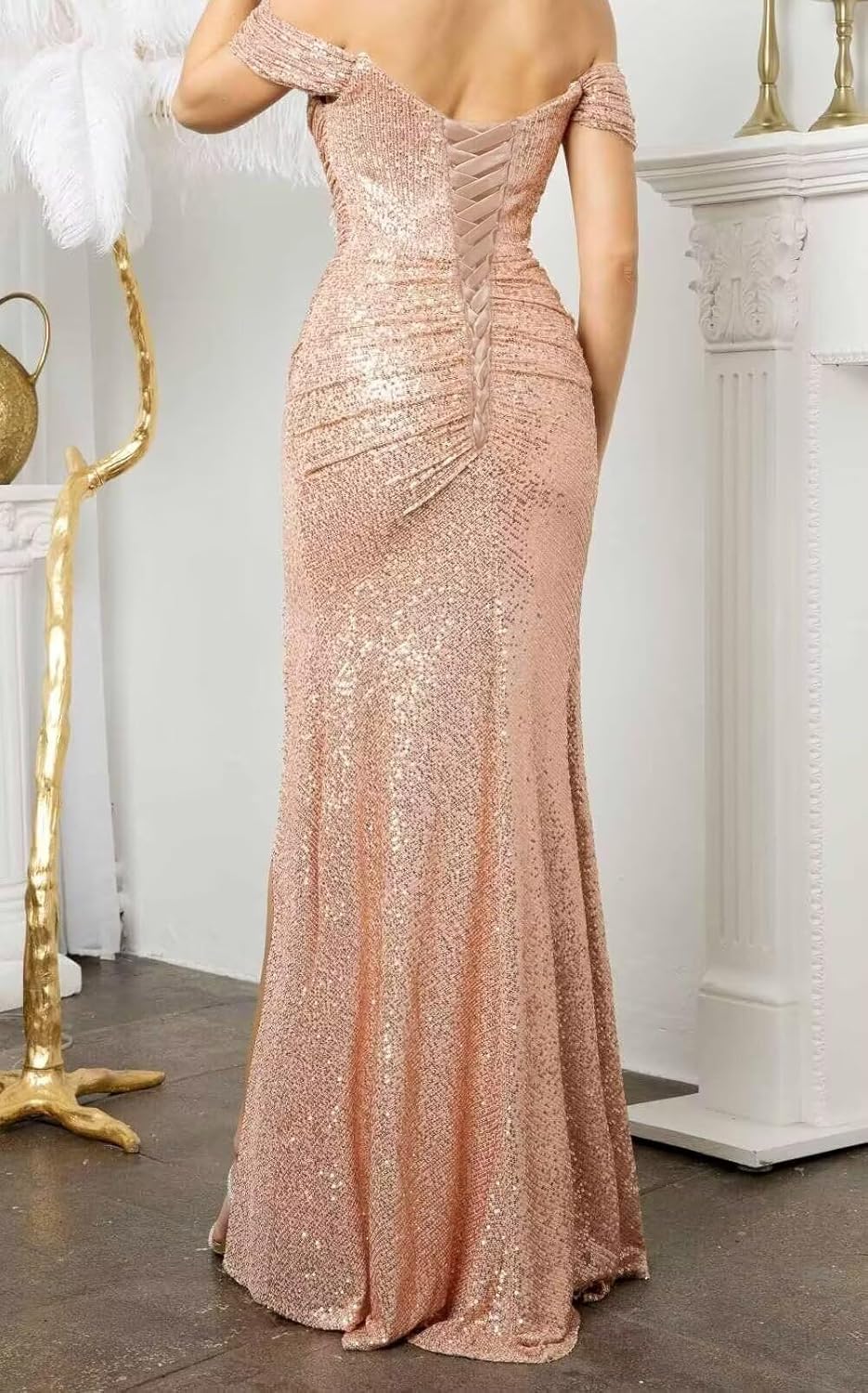 Off The Shoulder Prom Dresses for Women Mermaid Sparkly Sequin Evening Party Dress Long Formal Gown with Slit - Image 2