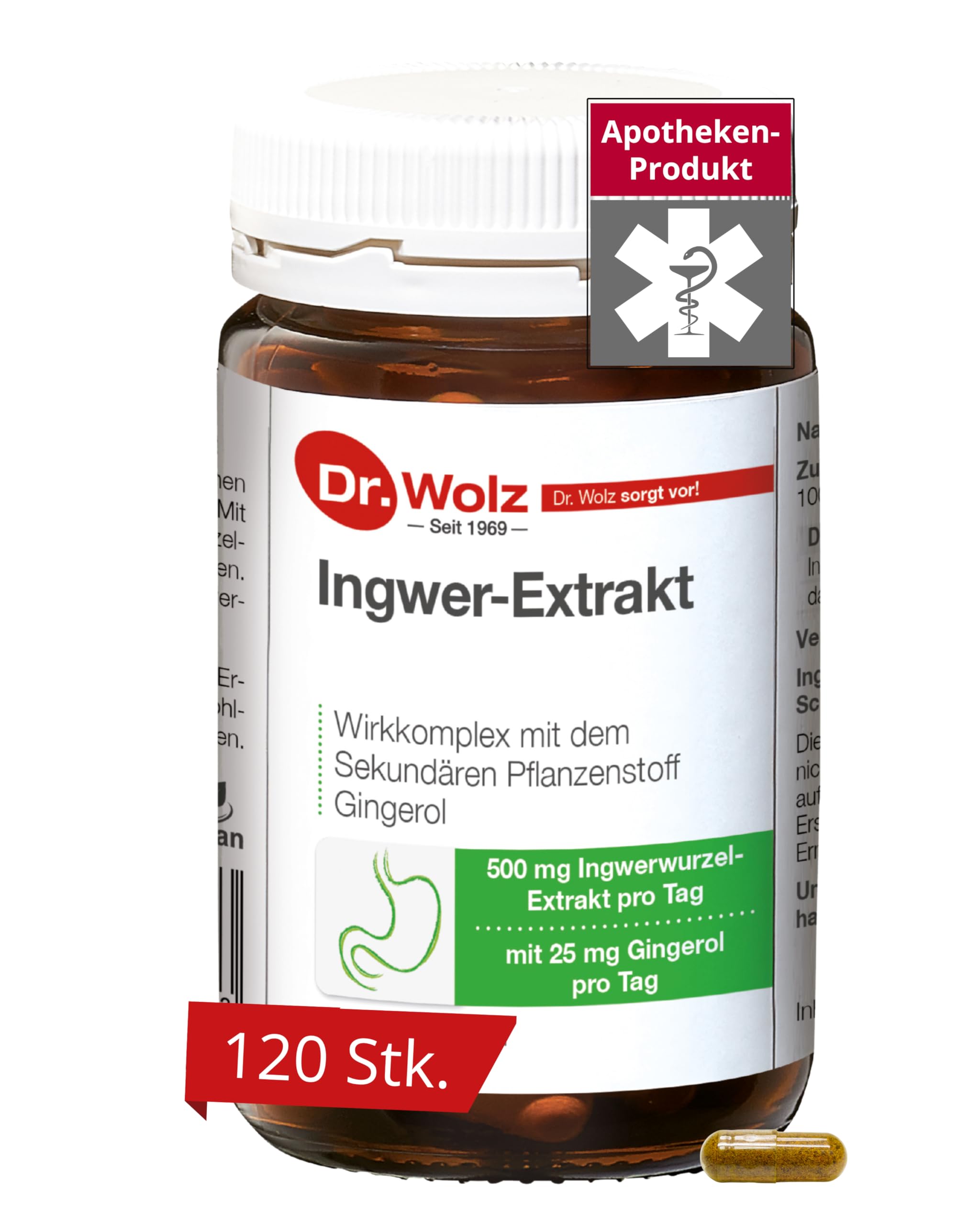 Dr. Wolz Ingwer-Extrakt Kapseln, mit einem hohen Anteil an Gingerol aus 500mg Ingwerwurzel-Extrakt, Rückstandskontrolliert und deutsche Herstellung, 120 Kapseln