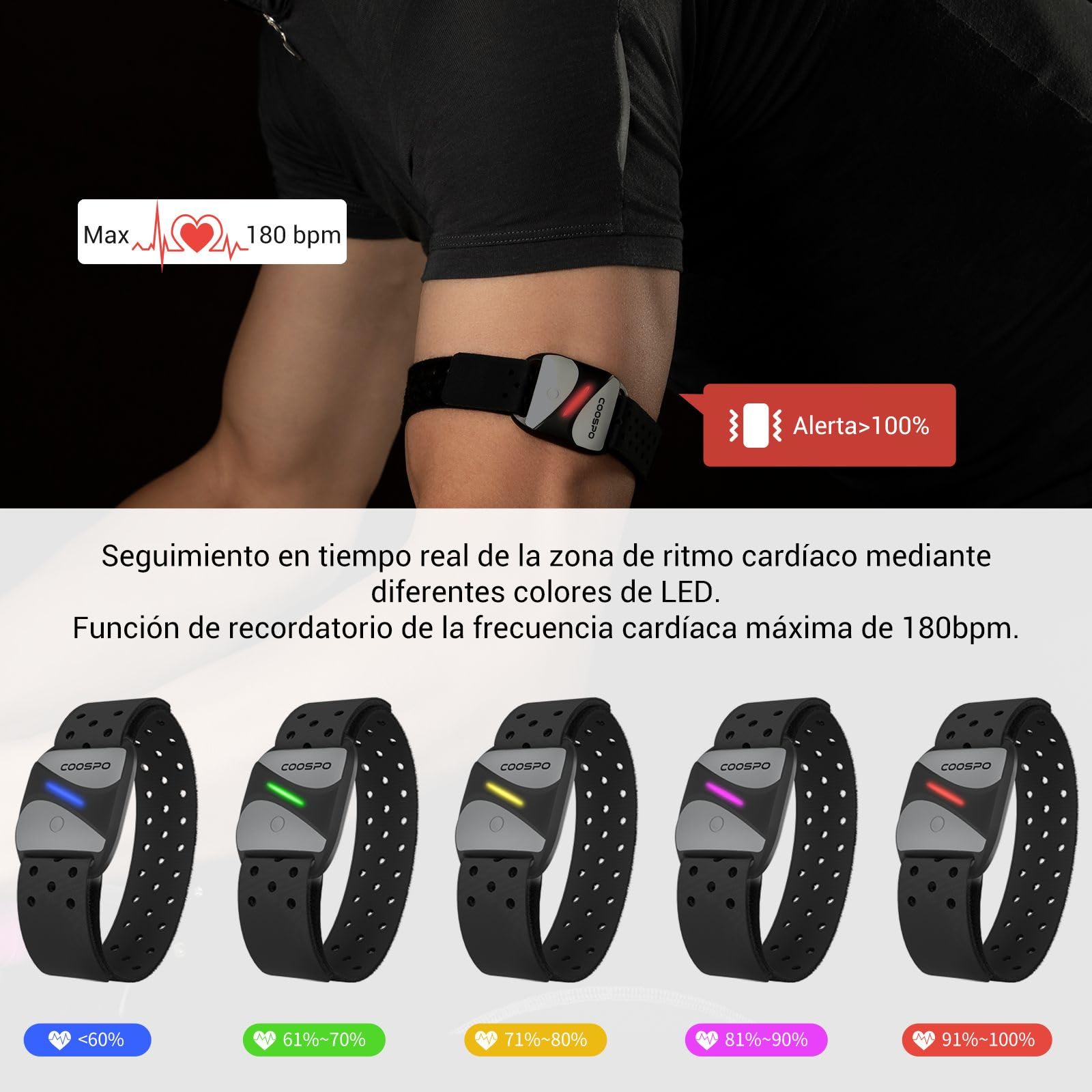 COOSPO HW807 Banda Frecuencia Cardiaca Brazo Bluetooth 5.0 Ant+ con Memoria, HRV Entrenamiento de Zona de Frecuencia Cardíaca, para Heartool, Wahoo, Strava, DDPY, adidas Run, Rouvy, Pulsoid