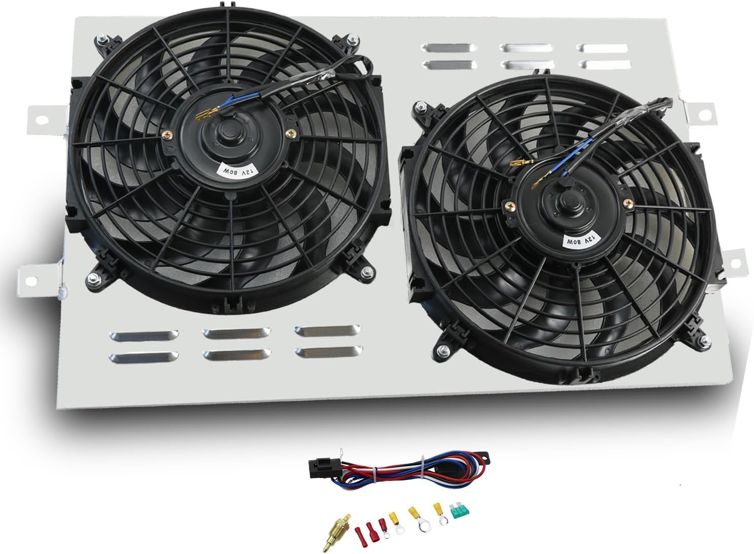 DPI289 Aluminum Radiator Fan Shroud Assembly + 2 x 12 Fan w/Thermostat Compatible with 1963-1968 1964 65 66 Chevy Bel-Air/Impala/Chevelle/EL Camino/Biscayne/Caprice, 3.2L-7.0L L6 V8