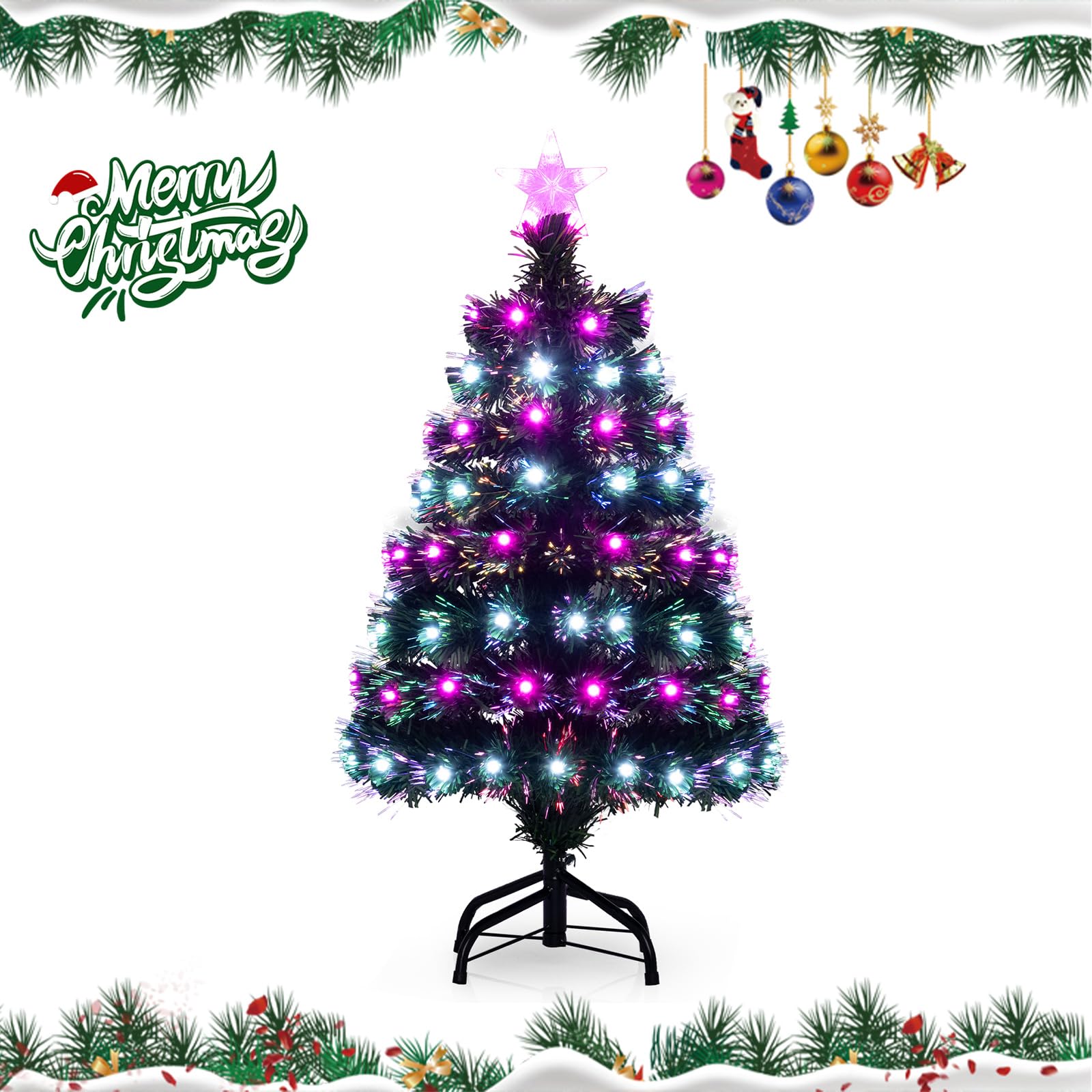 DREAMADE 93 CM Sapin de Noël Artificiel, Décoration de Noël Pré-Éclairée avec 96 Branches & 96 LED, Étoile au Sommet, 8 Modes d'Éclairage et Socle en Métal, pour Maison, Fêtes et Boutique