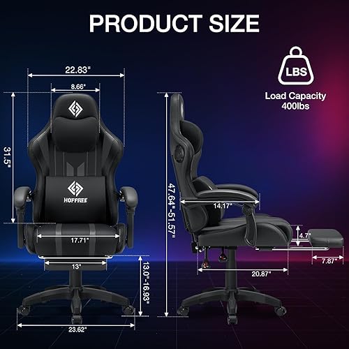 Miniatura 2 de HOFFREE Silla de juegos con ritmo de música, luces LED RGB y altavoces Bluetooth, silla ergonómica de masaje para computadora con reposapiés, silla