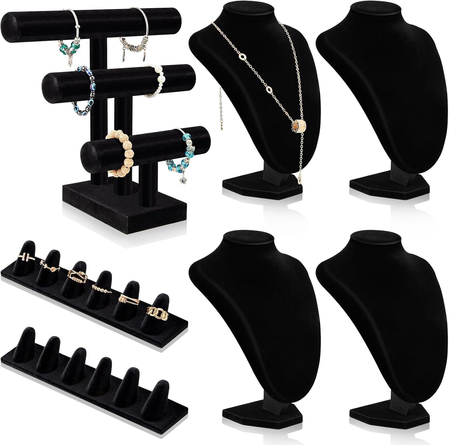Barydat 7 Pcs Black Velvet Jewelry Display Set for Shows, Necklace Bracelet Holder Jewelry Bust Holder Stand Ring Display Stand for Selling Craft Showcase Organizer