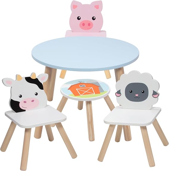 Kids Wooden Animal Table & Chair Set w 4 Seats- Cute for Easter Arts & Crafts- Cow Pig Sheep plus Adult Stool- Coloring, Dining, Pretend Play- Durable Playroom Furniture for Home, Daycare Class- Gift