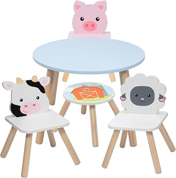 Kids Wooden Animal Table & Chair Set w 4 Seats- Cute for Easter Arts & Crafts- Cow Pig Sheep plus Adult Stool- Coloring, Dining, Pretend Play- Durable Playroom Furniture for Home, Daycare Class- Gift