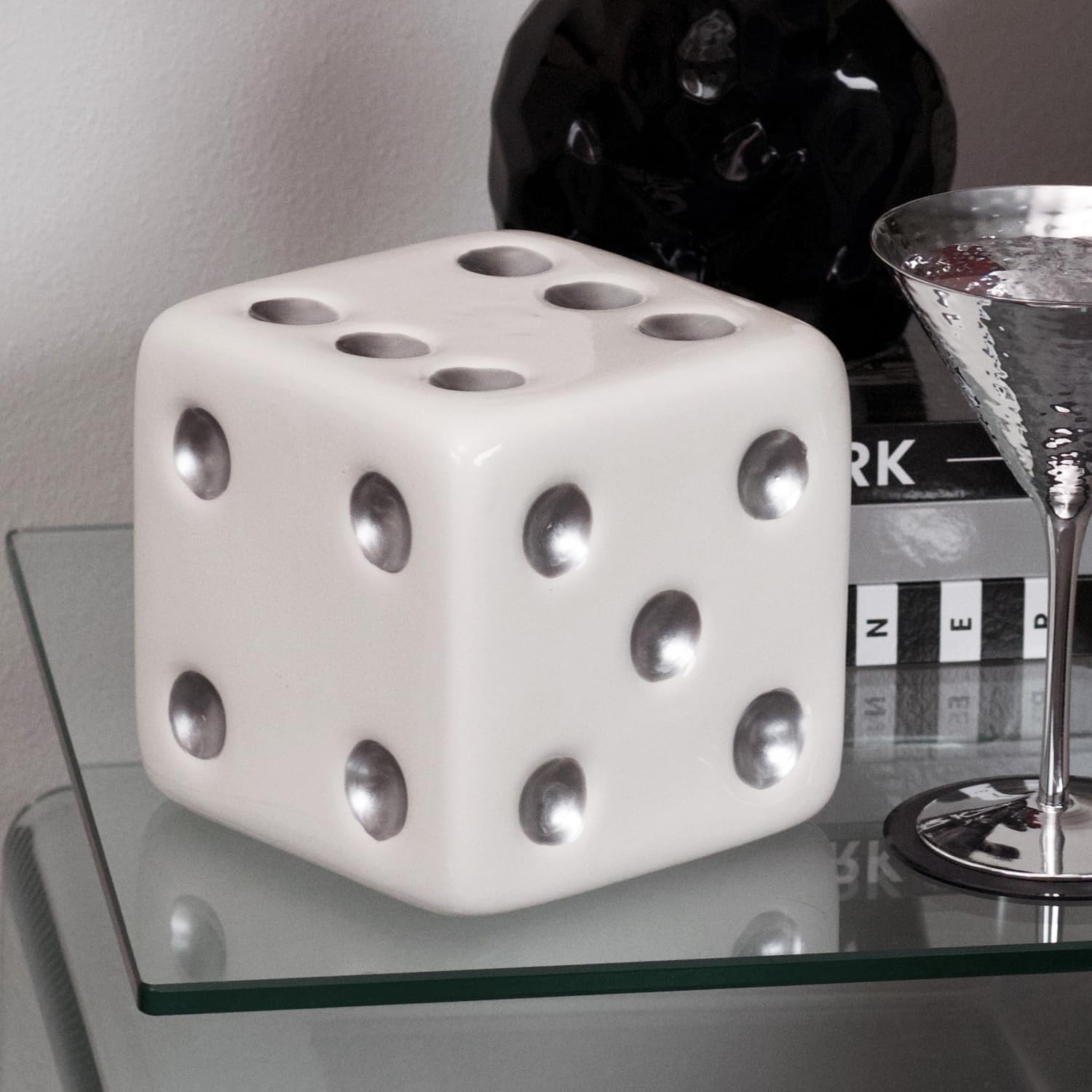 Reimagine Discovery White & Silver Dice, Trendy Maximalist Home Decor with Unique & Funky Style for Desk, Shelf, Table, Bar Cart & Vanity