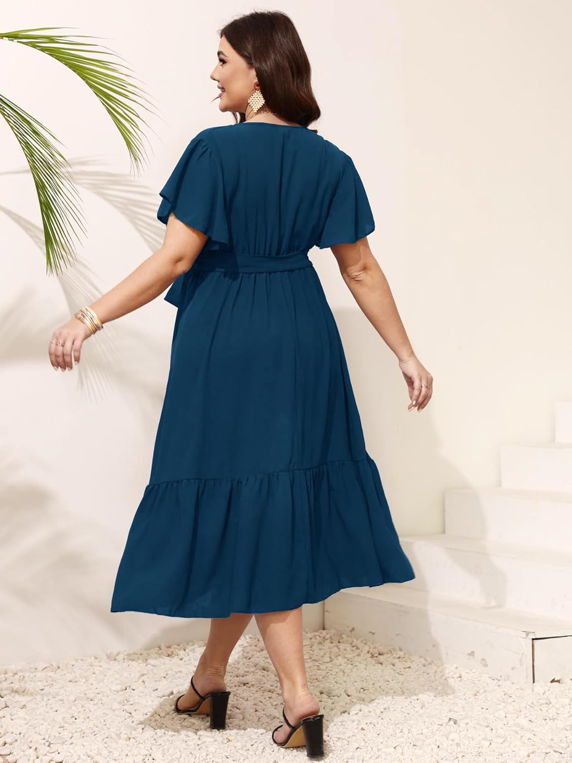 SCOMCHIC Womens Plus Size Wedding Guest Dresses Summer Wrap V Neck Short Sleeve Belted Ruffle Hem A-Line Flowy Maxi Dress - Image 7