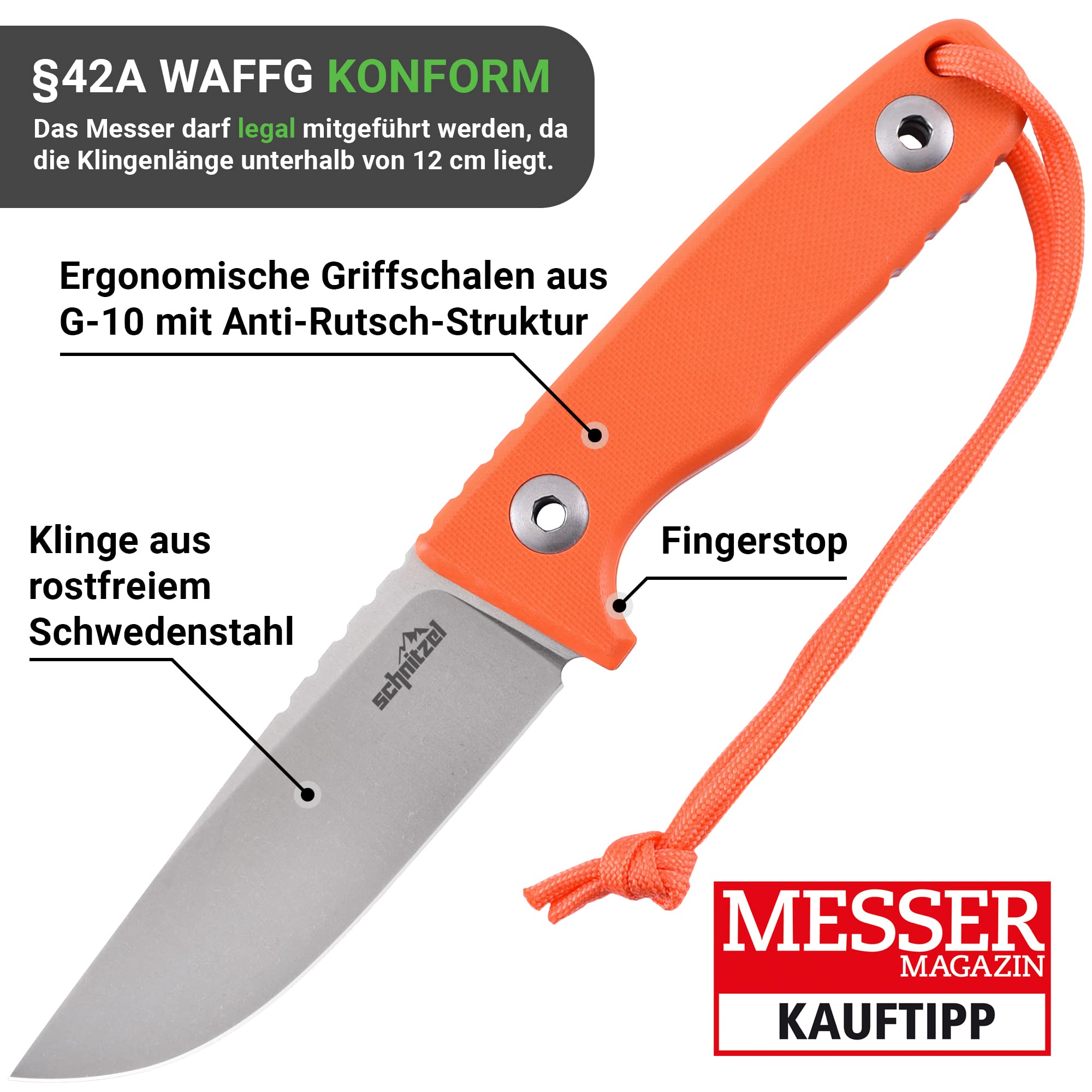SCHNITZEL TRI - Outdoormesser mit Kydex-Scheide, Orange | Dangler-Tragesystem, Bushcraft, Camping, Wandern, Outdoor, Messer, Jagdmesser, Freizeitmesser, Erwachsene
