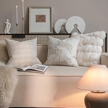 Croker Horse 18x18'' Inches Throw Pillow Cushion Cover - Emma Beige Birch Stripe Pattern Series Luxury Couch Sofa Pillow for Living Room Bedroom