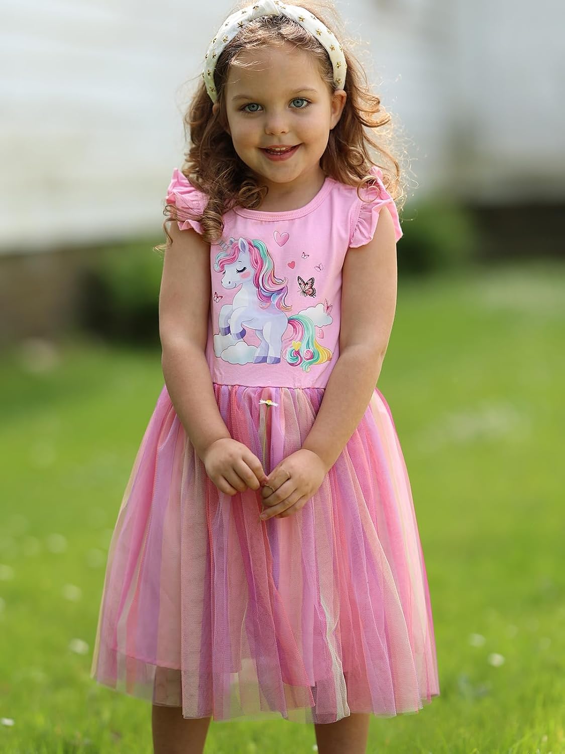 Vieille Rainbow Dress for Girls Flutter Sleeve Tulle Dresses Summer Sundress 3-8 Years