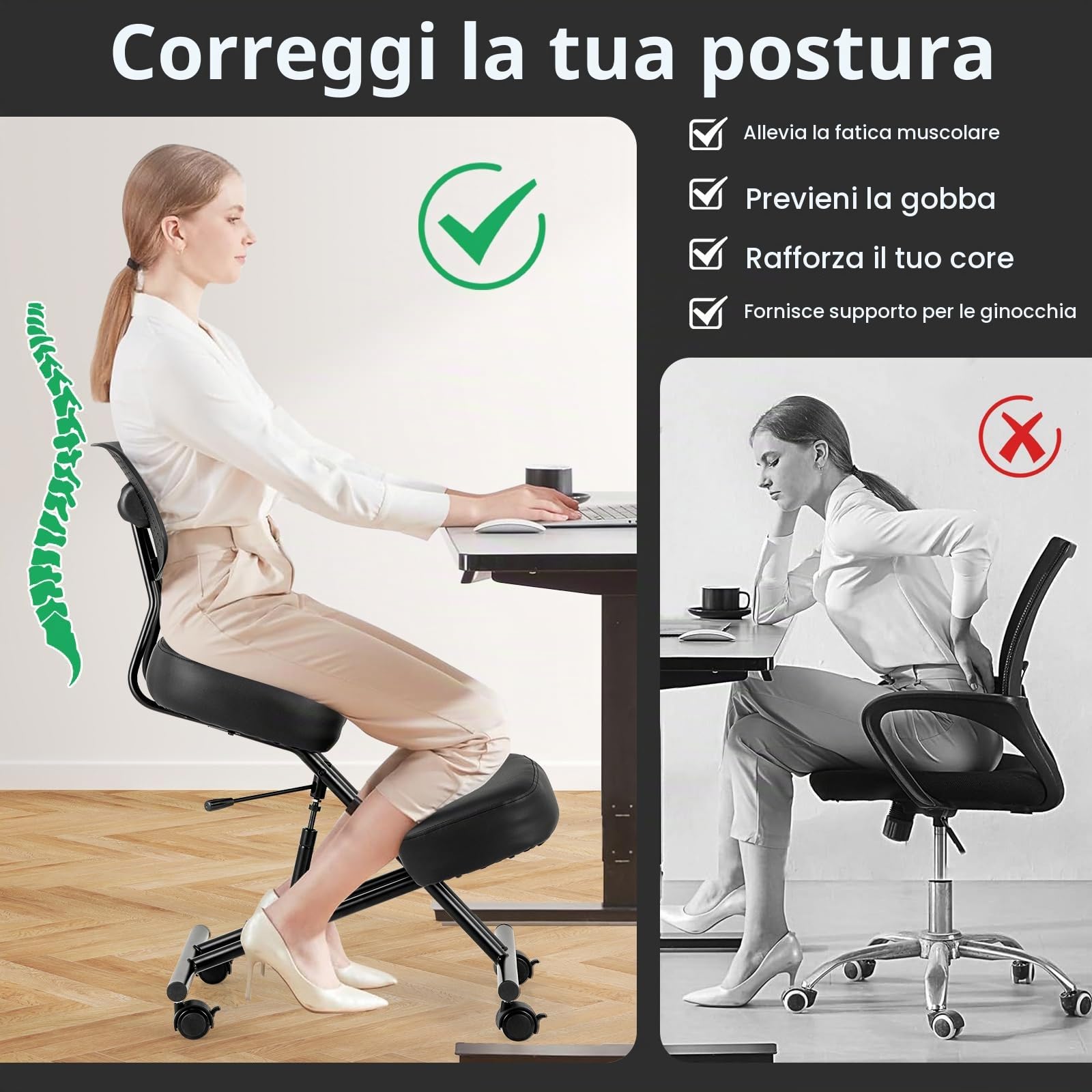 HOMASIS Sedia Posturale con 4 Ruote e Freni, Sgabello Ergonomico con Regolabile in Altezza, Sedia Inginocchiata e Ortopedica con Cuscino Spesso per Casa e Ufficio, Nero (84,5 x 46 x 87 cm)