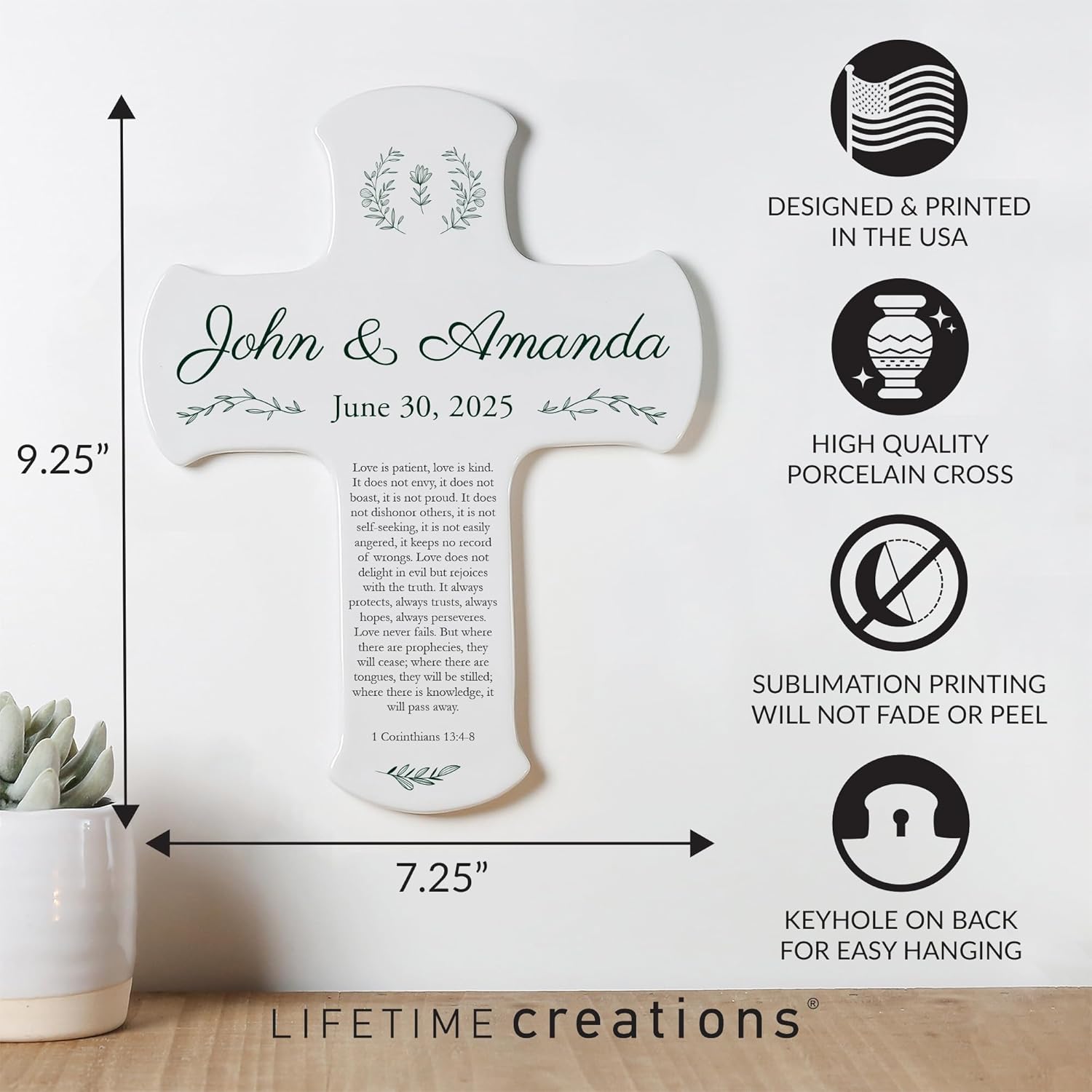 Lifetime Creations Personalized Marriage Cross: 9 Inch Porcelain Wedding Cross, Christian Wedding Gift, Religious Gift for Christian Couples, 1 Corinthians 13