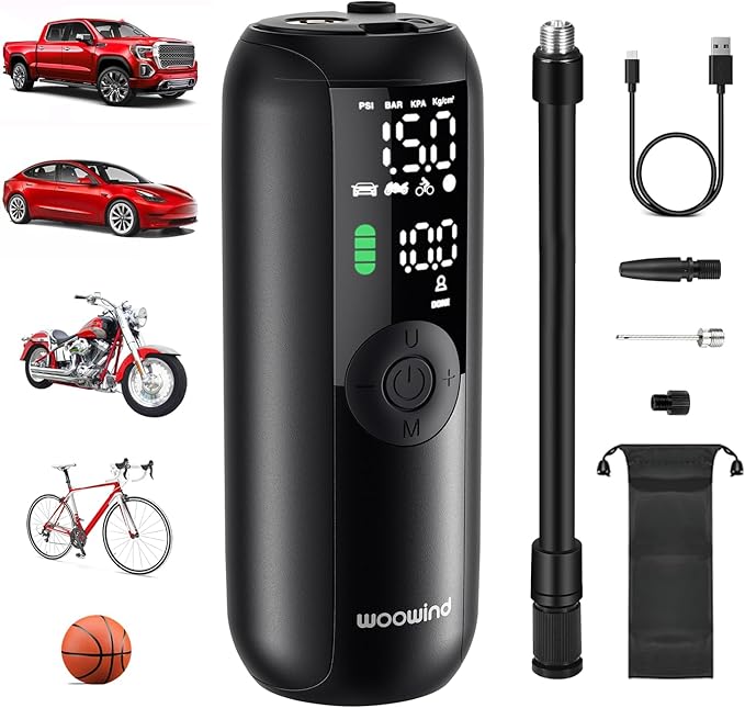 Woowind Tire Inflator Portable Air Compressor, Electric Bike Tire Pump with Gauge, Air Pump for Car Tires, 150PSI, Mobile Air Compressor for Car, Motorcycle