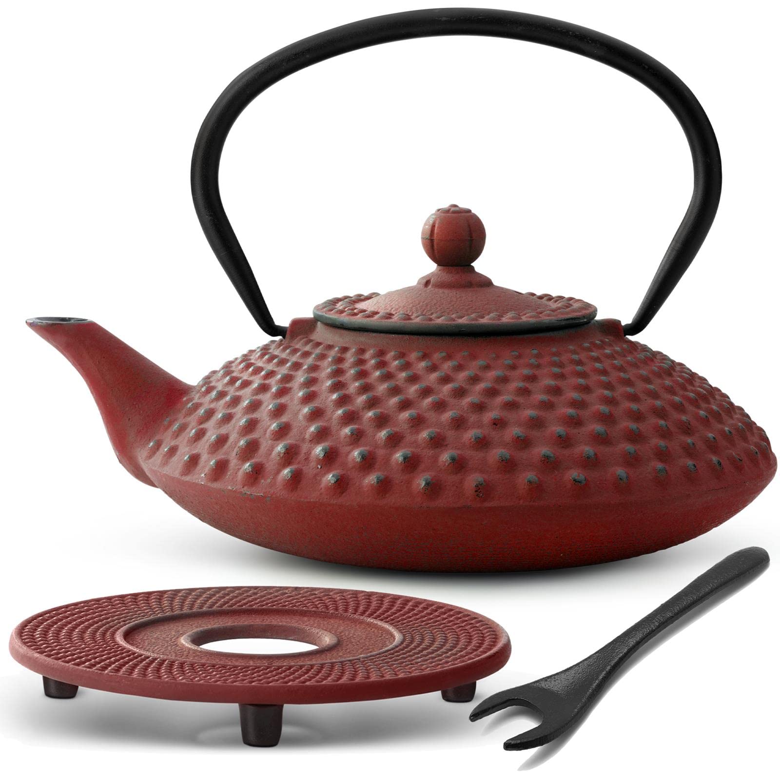 Bredemeijer Teekanne asiatisch Gusseisen Set 1.25 Liter - rote Gusskanne mit Henkel & Edelstahl Tee-Filter Sieb-Einsatz für losen Tee & Untersetzer & Deckelheber