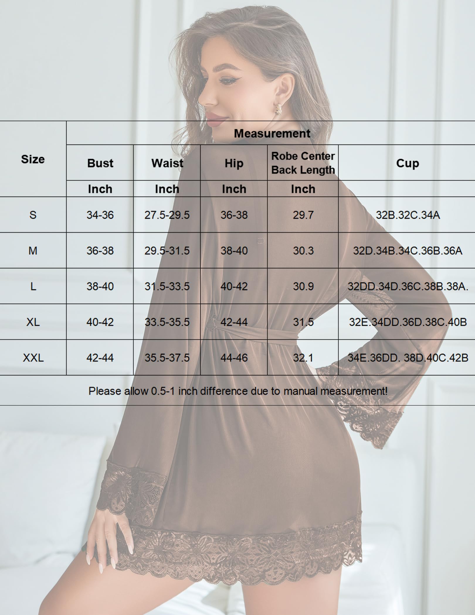 Conjunto de lencería sexy para mujer, 2 piezas, body de encaje con bata kimono de malla | Cuello en V profundo, correas ajustables, babydoll transparente, boda, luna de miel, S-XXL