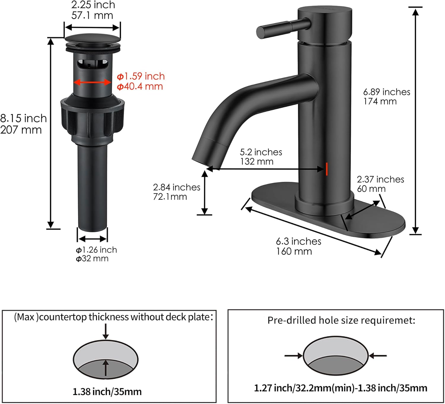 Single Hole Bathroom Sink Faucet Matte Black, Modern Single Handle Bathroom Faucet Commercial Stainless Steel Basin Faucet with Drain
