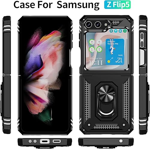 Miniatura 3 de ONOLA Funda para Samsung Galaxy Z Flip 5 con protección de bisagra y soporte magnético de anillo giratorio de 360°, para Samsung Z Flip 5 5G negro