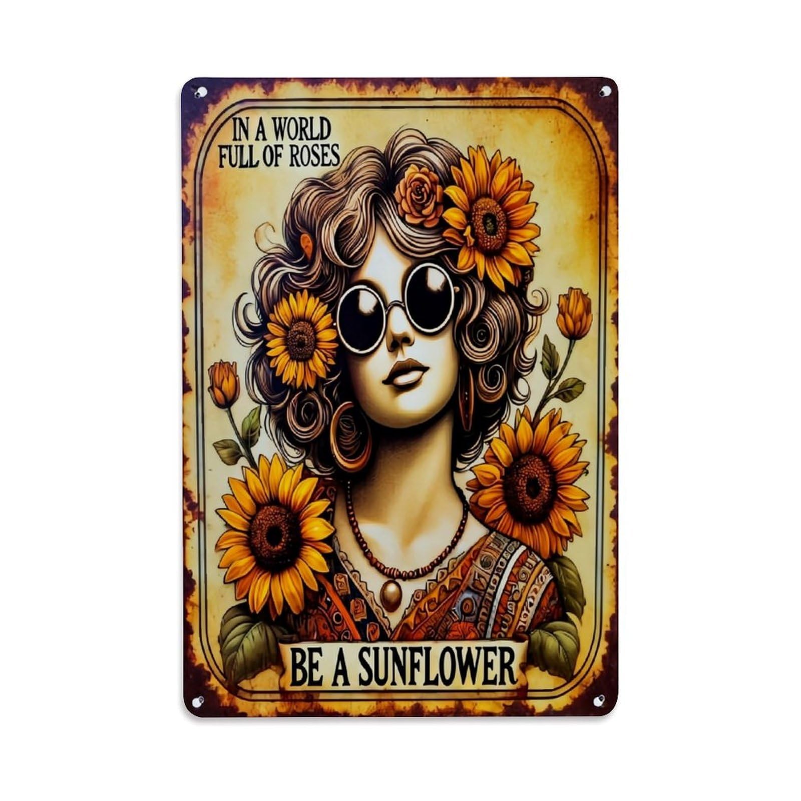 Woman With Sunflowers And Roses Retro Metal Tin Sign, Vintage Metal Poster for home, Gaming Room, Studio Workshop,Bar,Garage Wall Art Decor 8x12 Inch