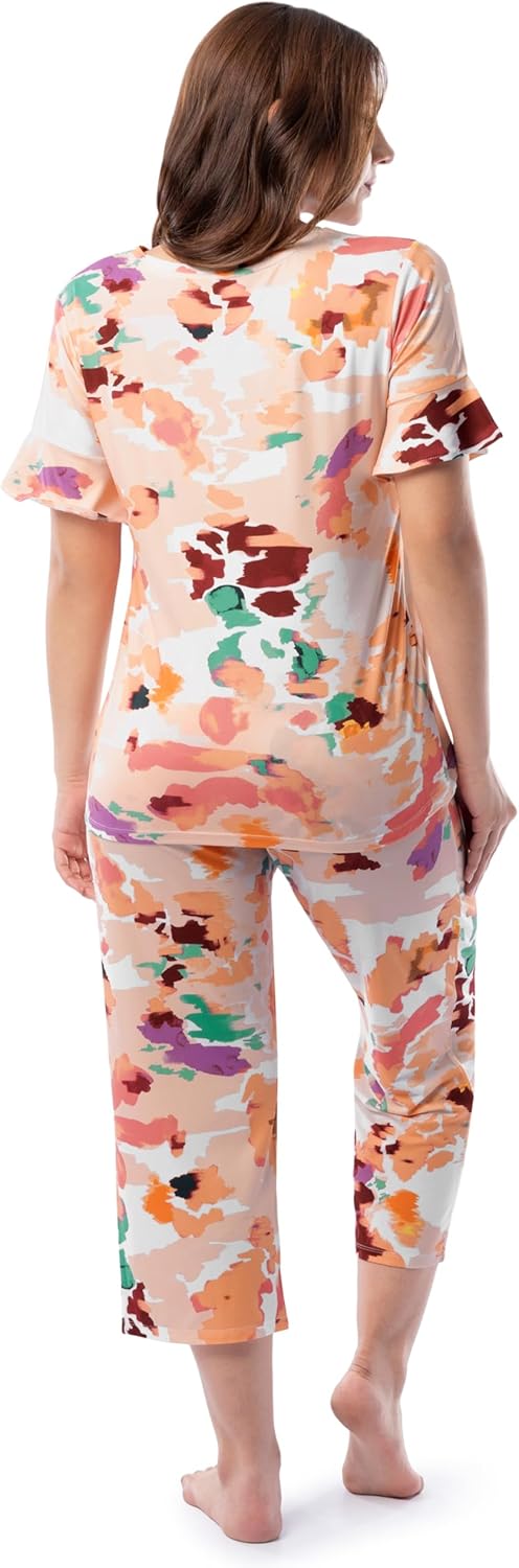 Fruit of the Loom womens 360 Stretch Ruffle Sleeve V-neck Tee and Capri Sleep Pajama Set - Image 2