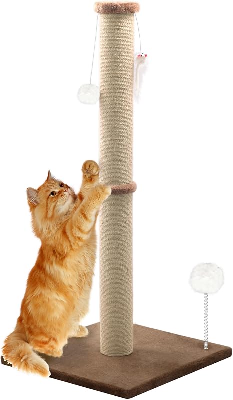 Arranhador para Gatos com Poste Vertical de Sisal Natural e Base Estável PELUOMOZ Marrom, 91,44 cm