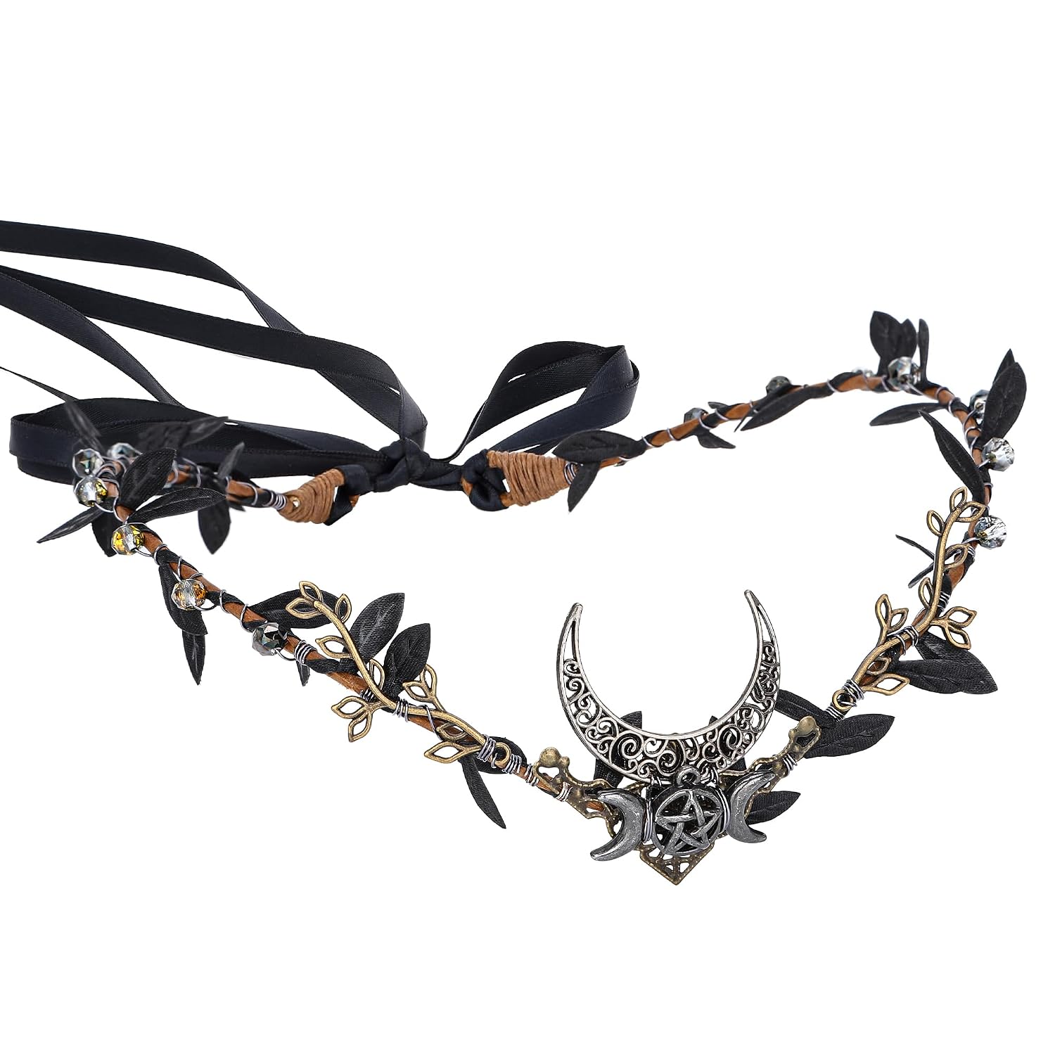 MOSTORY Handmade Moon Elf Headpiece - Woodland Forest Crown Fairy Goddess Tiara Elven Circlet Medieval Queen Festive Accessory for Women s Halloween Cosplay Renaissance Black