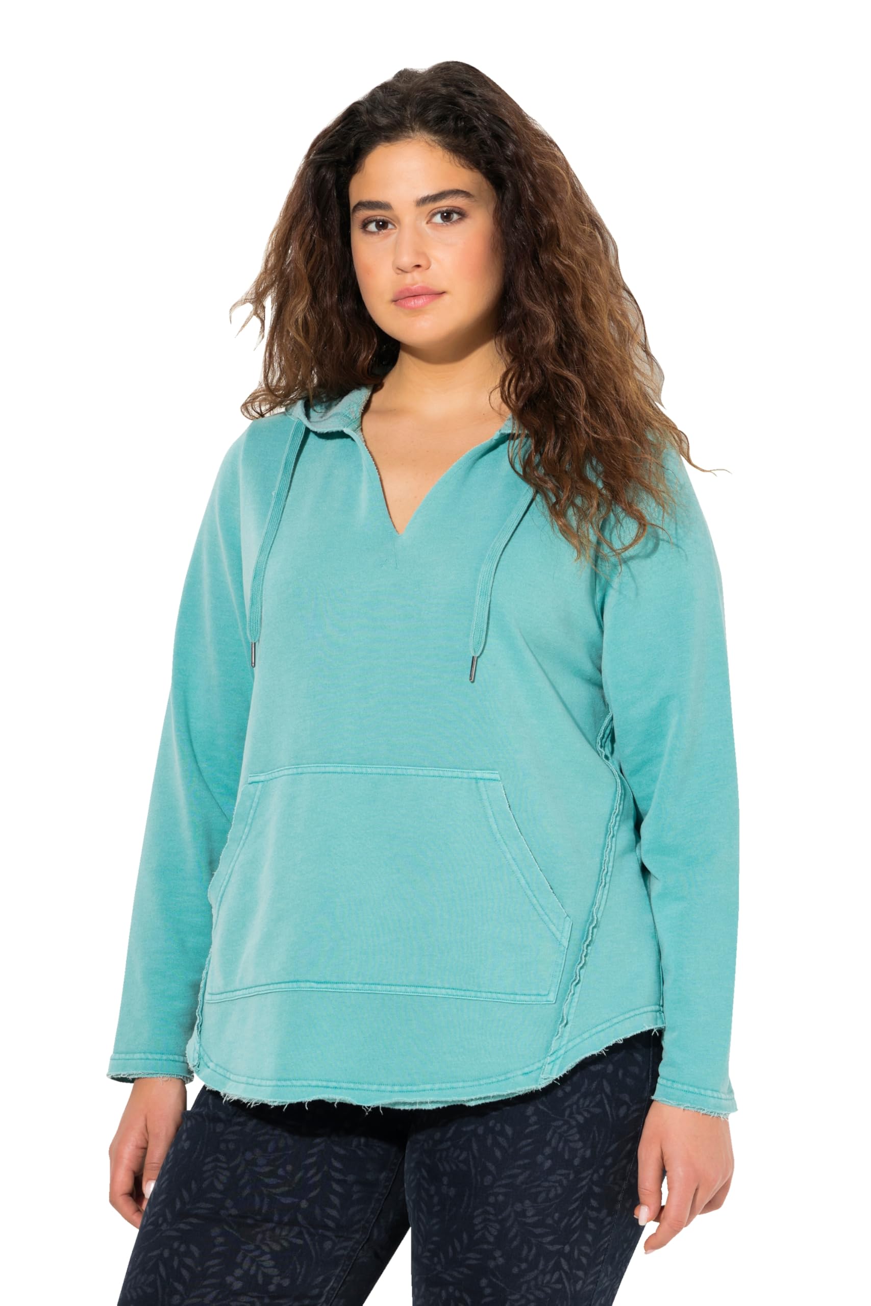 Ulla Popken Damen große Größen Übergrößen Plus Size Hoodie, offenkantig, Kapuze, V-Ausschnitt, Langarm 831027