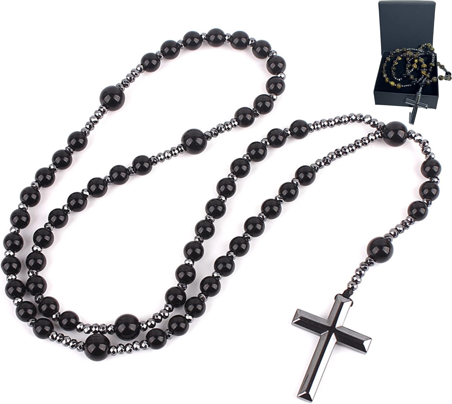 Rosary for Men, Cross Necklace for Men, Tiger Eye Black Obsidian Rosary Beads for Women, Rosarios Catolicos