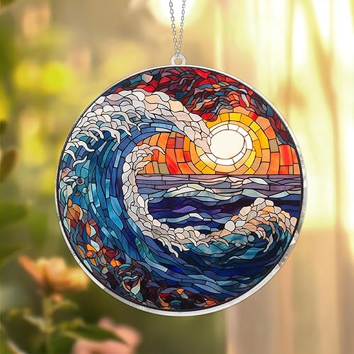 Atrapasoles de olas oceánicas – Adorno colgante de ventana de mar al atardecer – Decoración costera de playa, regalo náutico, atrapa sol para el