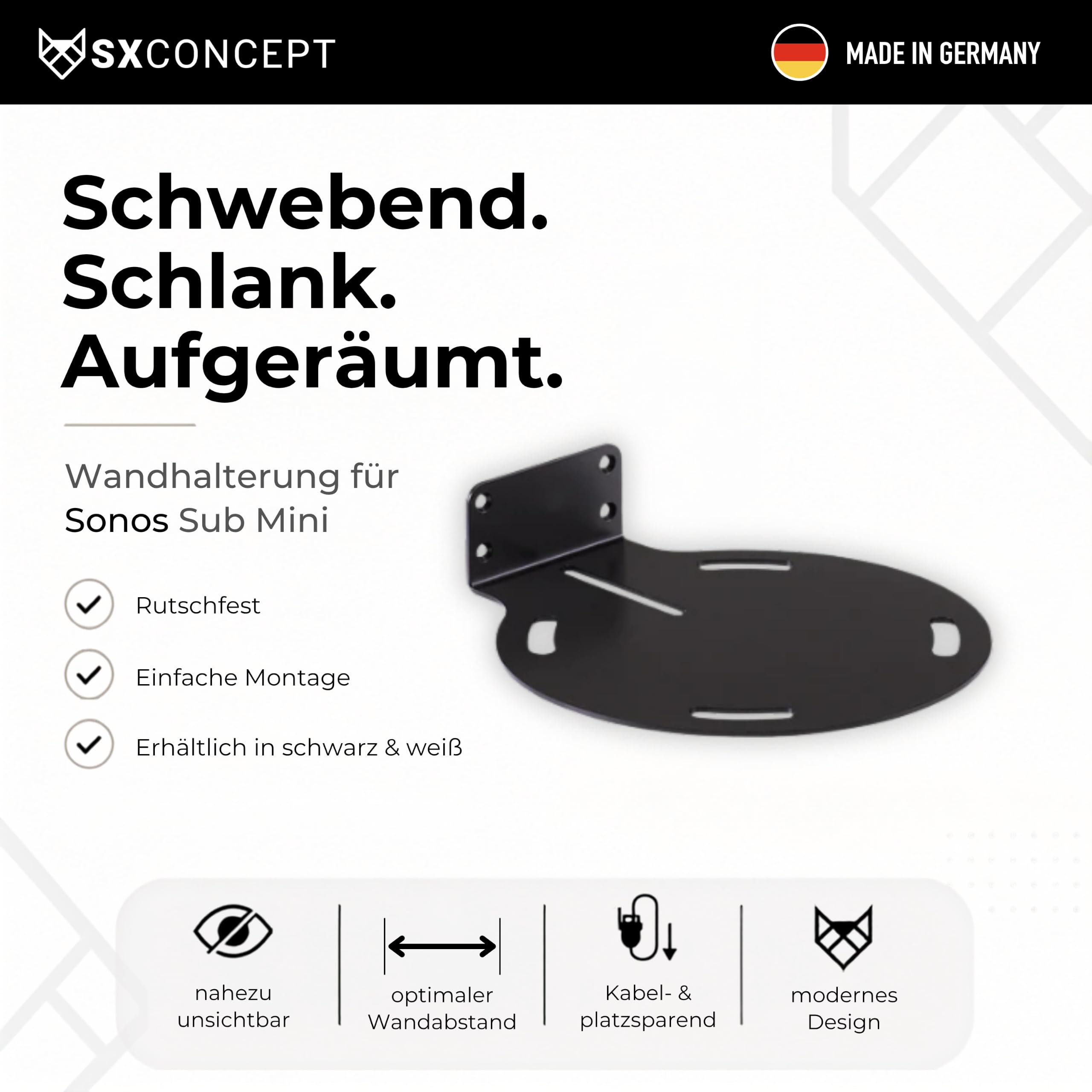 Wandhalterung für Sonos Sub Mini, schwarz – Minimalistisch & stabil | Platzsparende Wandhalterung für Sonos Sub Mini. Minimalistisches Design made in Germany. Inkl. Montageset für sicheren Halt