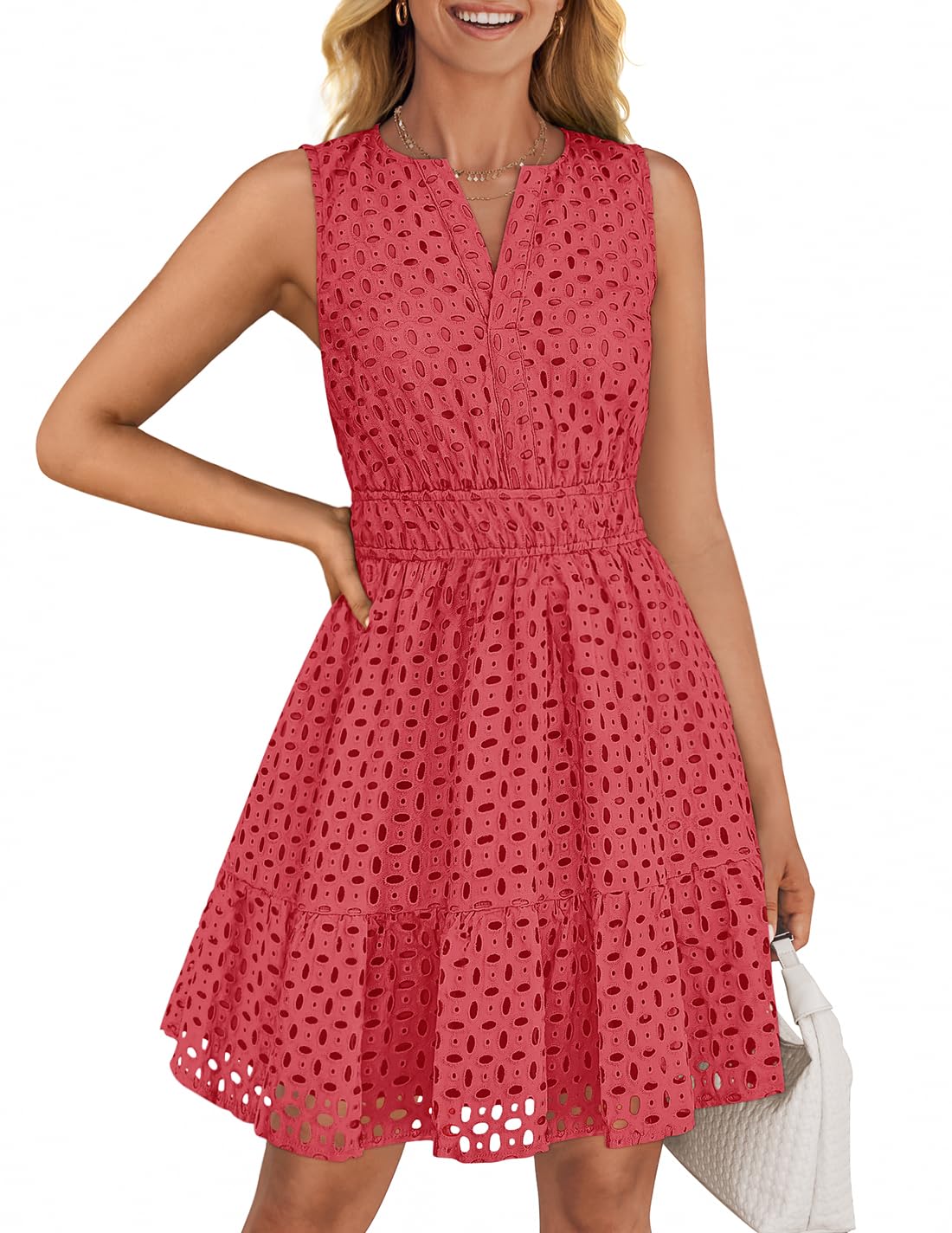 ZESICA Women's Summer Sleeveless Mini Dress V Neck Hollow Out Eyelet High Waist A Line Swing Short Party Dresses