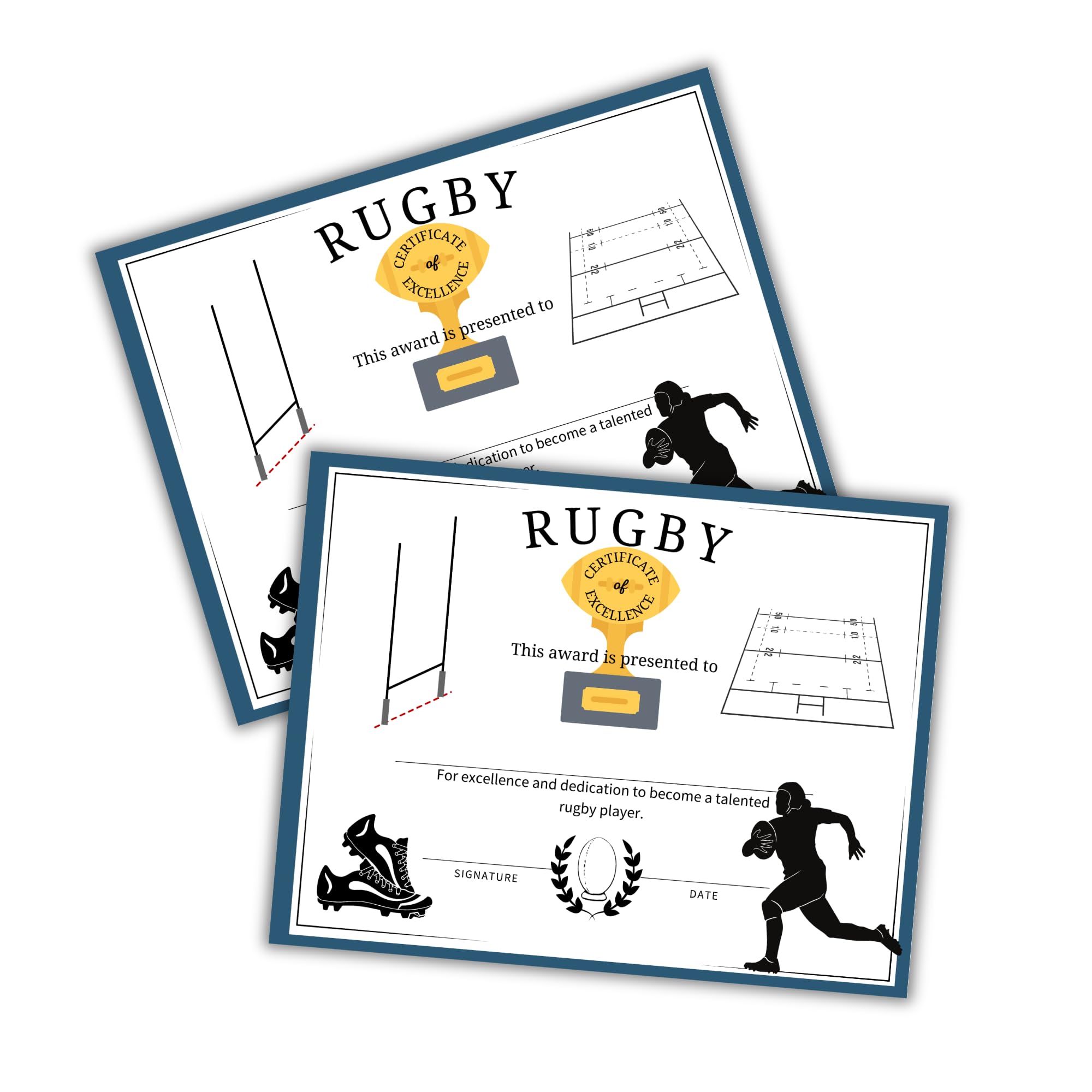 Rugby Certificate of Excellence Award 30pk 8.5x11” Sports Coach Camp Instructors Participation End of Year Team Athletic Award Football Field