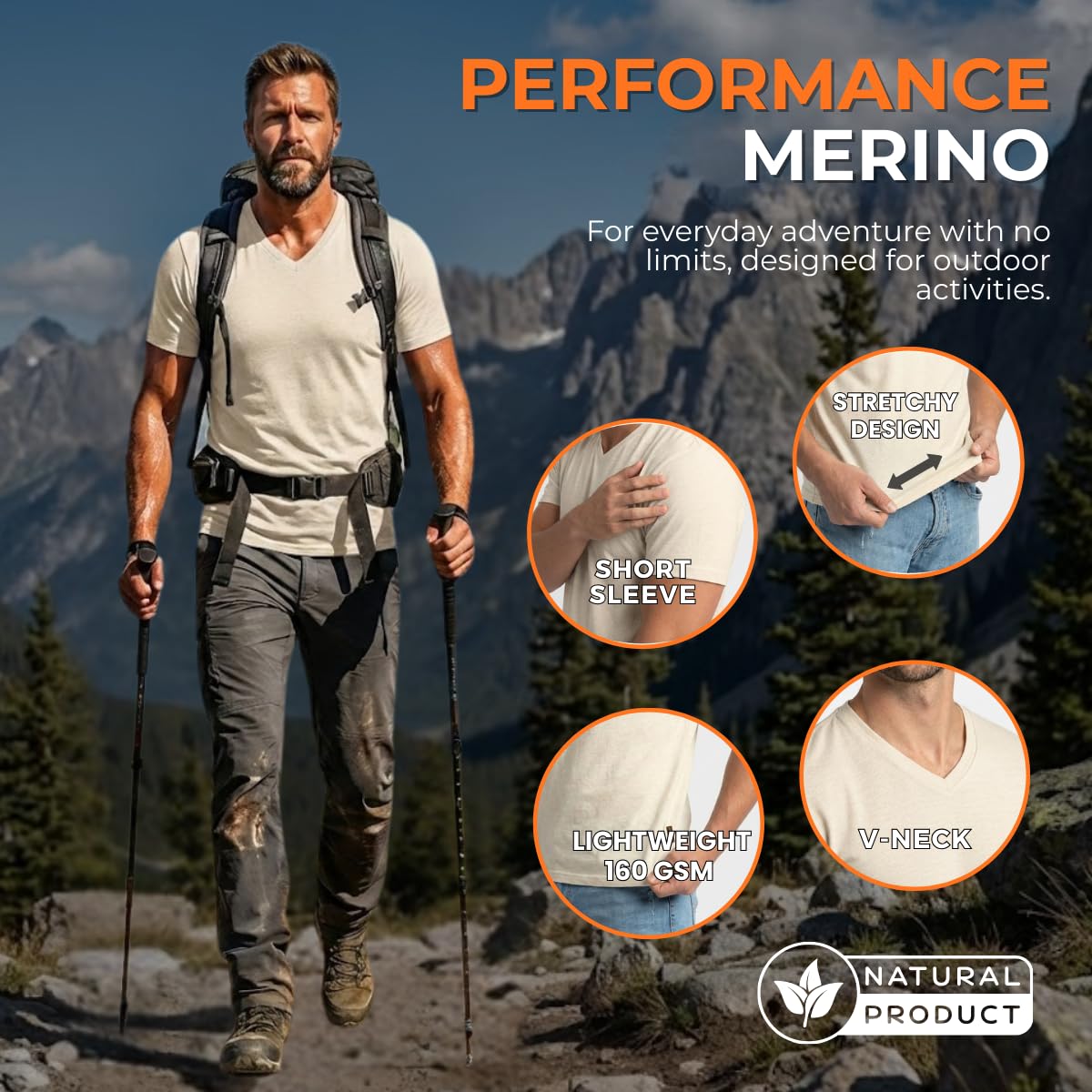 menique Camiseta de manga corta para hombre, 100 % merino, camiseta térmica ligera para hombre, capa base, transpirable, cuello redondo, para viajes al aire libre y senderismo