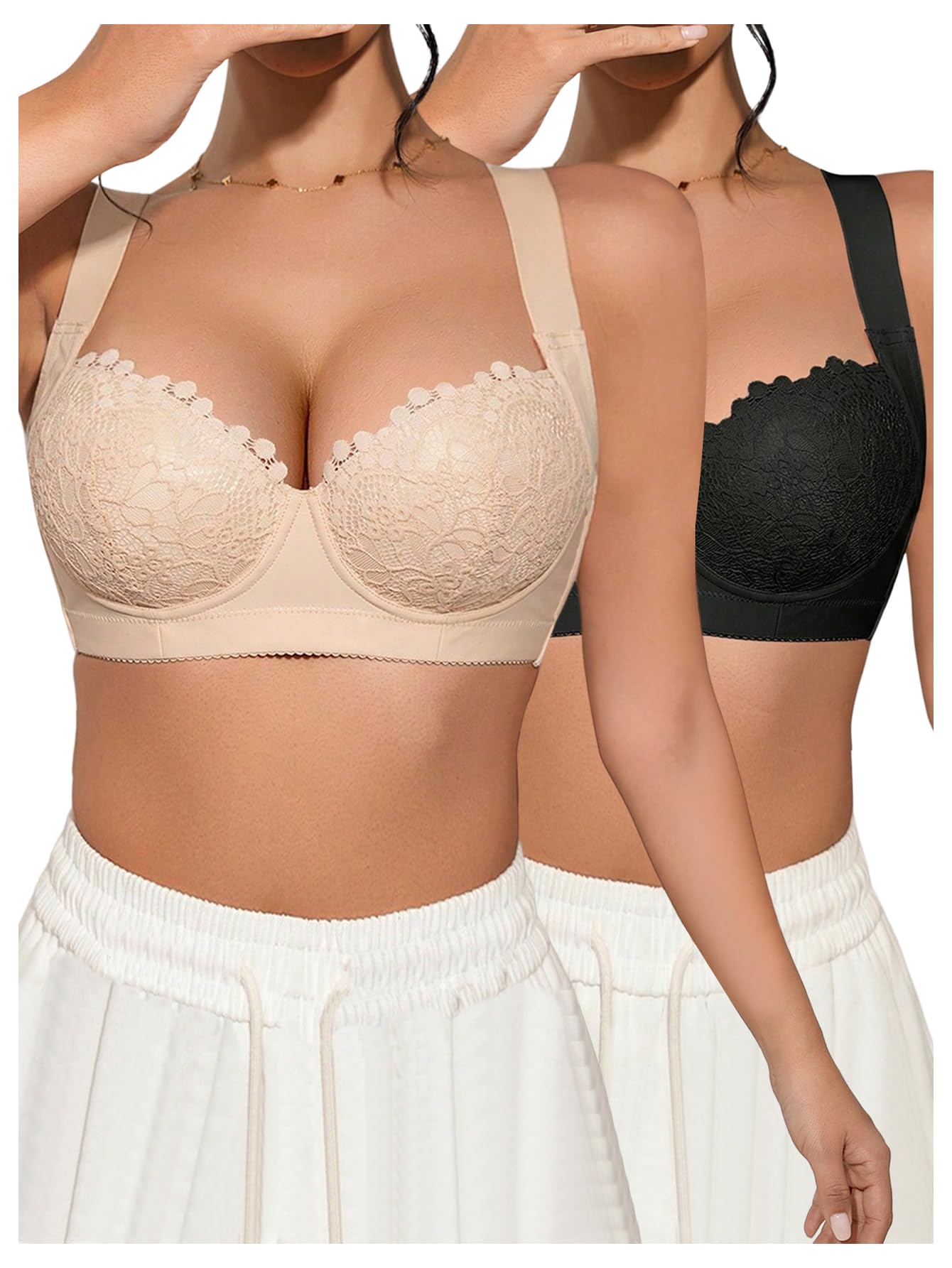 Confezione da 2 Reggiseni con Ferretto in Pizzo Floreale Donna Bralette Push Up Spalline Larghe A Balconcino Blu/Nero 34B(Black Beige,(34) 34B)